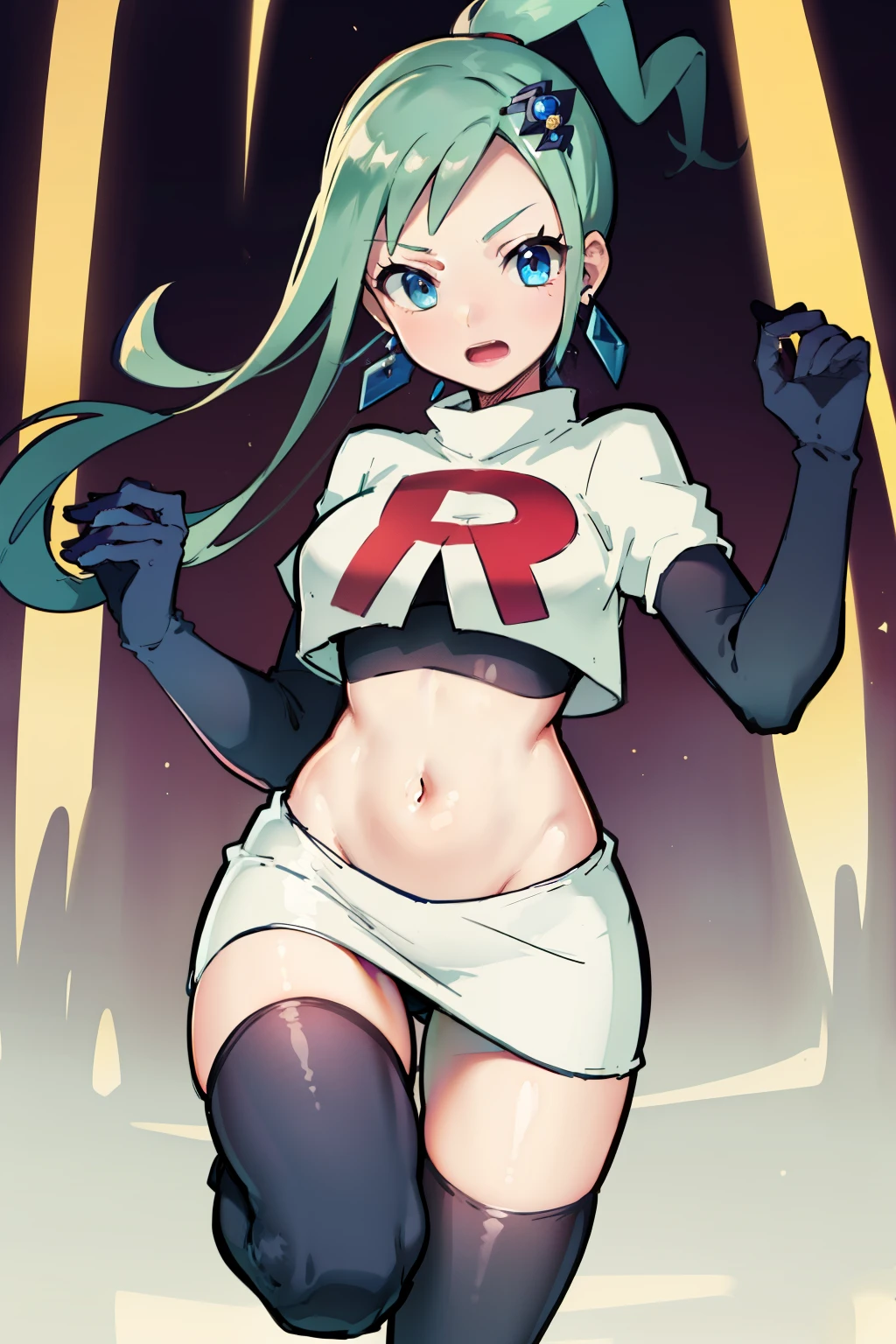 AALISIA,LONG HAIR,ASYMMETRICAL HAIR,SIDELOCKS,HAIR ORNAMENT,EARRINGS,team rocket,team rocket uniform,white skirt,red letter R,crop top,black thigh-highs,black elbow gloves, 1girl, solo, facing viewer, looking at viewer,