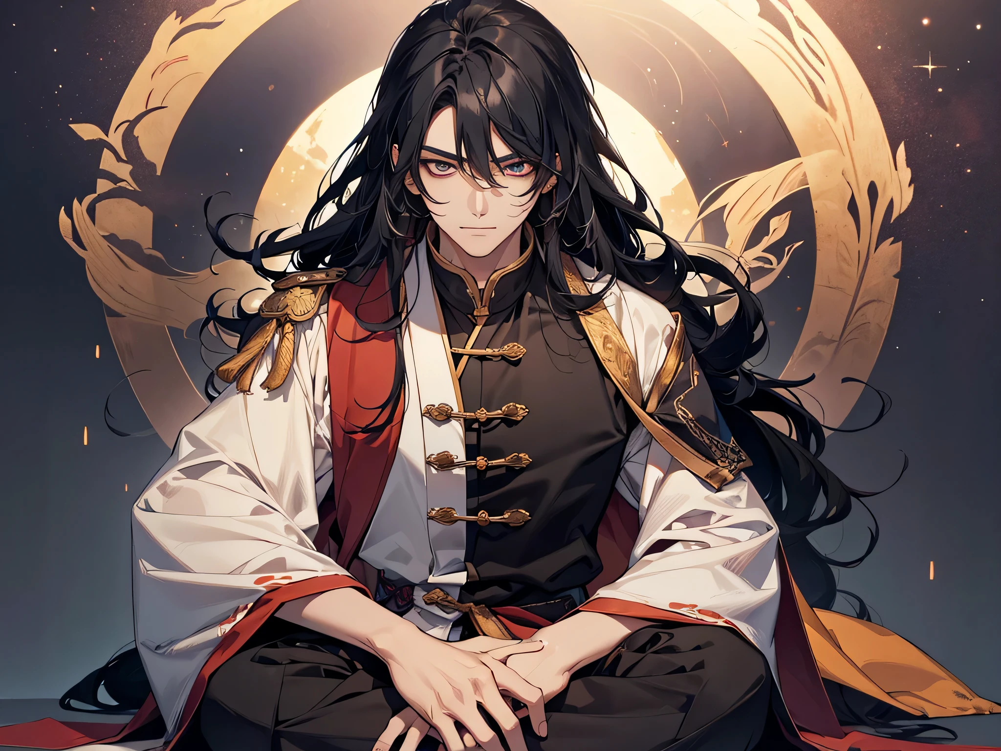 1 man, taoist, wearing han dynasti era outfit, sitting cross-legged, black hair, long hair, face to detail, detailed eyes, the background is in galaxy
