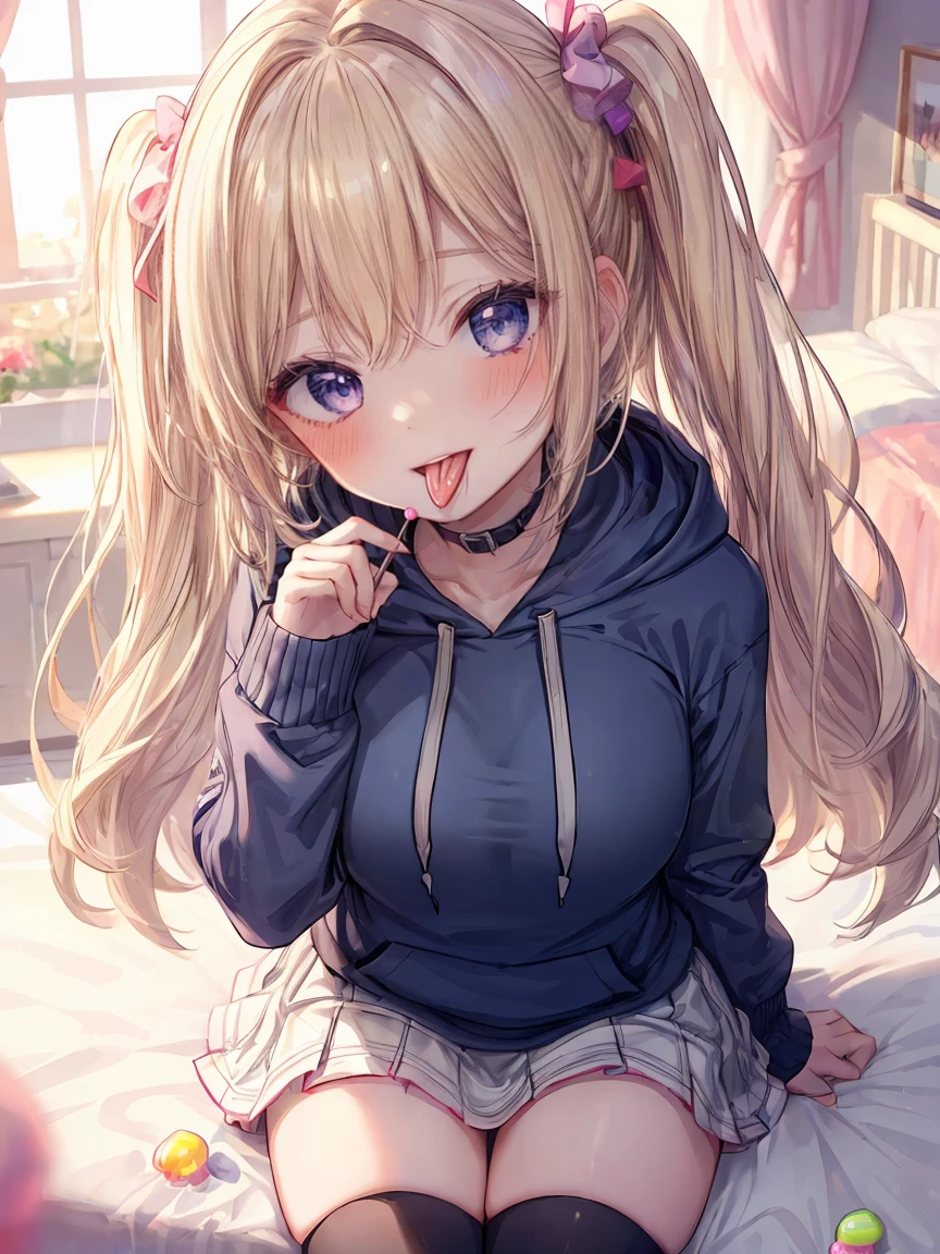 ((8K masterpiece,highest quality)), ultra high resolution, hyper detail, (1 girl), (),beautiful face, beautiful and delicate eyes,((purple eyes)),Big eyes,shining eyes of light,Thin and long eyelashes,detailed light,((blonde)),((Bangs Patsun)),((long hair)),big breasts,thin waist,big thighs,blush,(grinning smile),(please open your mouth wide),((Light blue hoodie)),((White ruffled skirt)),black and white patterned knee high socks,hair ornaments,bed,cute,((Pink Room)),gamingroom,cute,Princess,(((open your mouth))),(((lick the candy in your hand))),provocation,motion blur,Depth of written boundary,spectacular panoramic view,angle from above