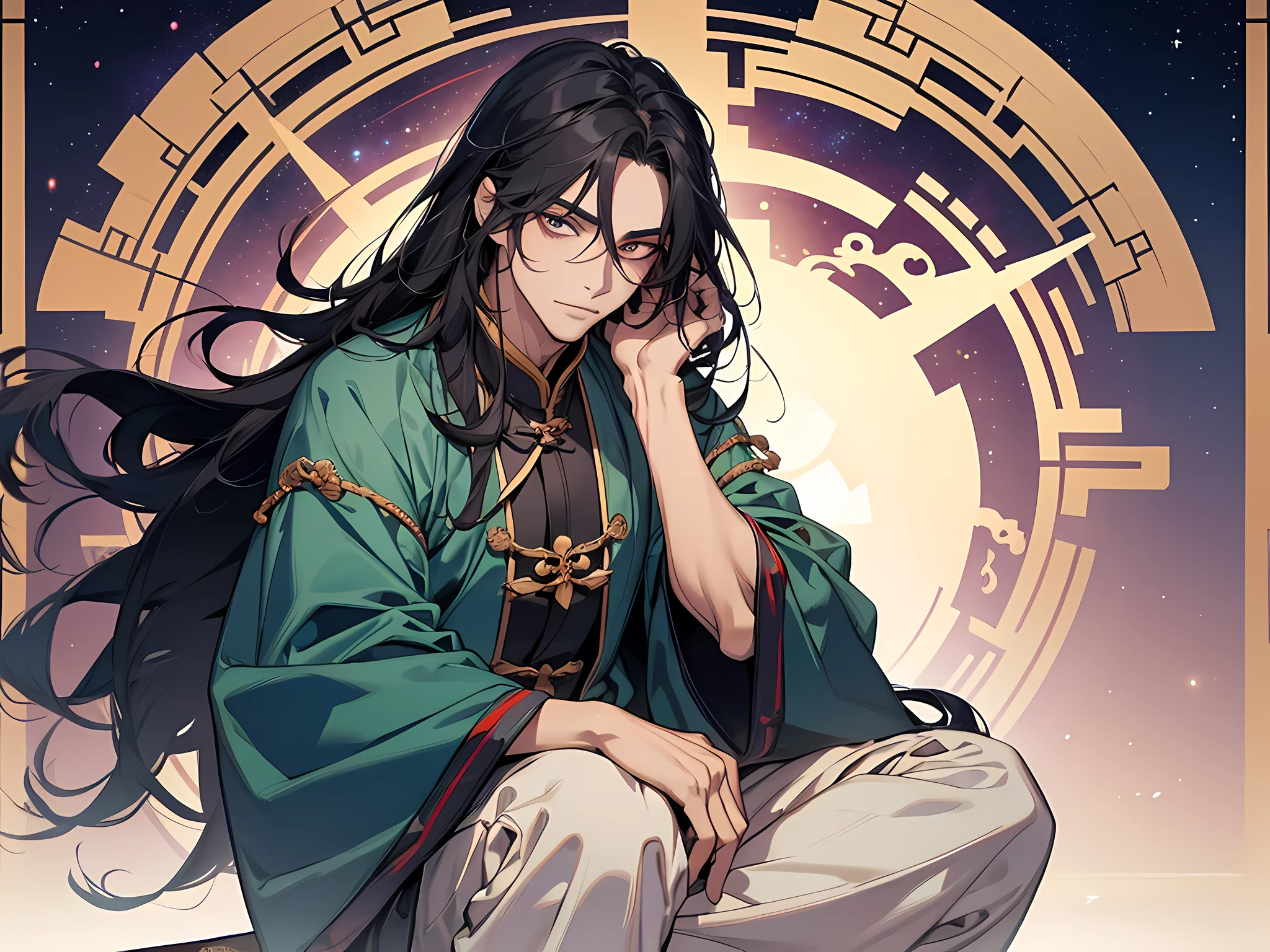1 man, taoist, wearing han dynasti era outfit, sitting cross-legged, black hair, long hair, face to detail, detailed eyes, the background is in galaxy
