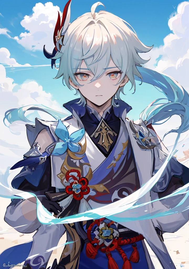 ((Mejor calidad)), ((obra maestra)), ((detallado)), ((1boy)), ((Pelo blanco)), genshin impact, Dos espadas, ojos rojos