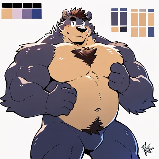 by takemoto arashi, ((full body)), (1boy), solo, (((character sheet, full body))), white background, male anthro, kemono, (purple bear), short dark Mohawk with one white stripe, dark colored shins and forearm, dark color bicep, main color triceps, tan belly, dark stripe along outer sides of chest, tan stripes around knees, tan fingers, round face, round ears, naked, hot body, stocky, short, chubby, huge gut, giant muscle-gut, muscle, hunk, sexy, bara, handsome boy, (detailed eyes), (masterpiece, high res, best quality), 4k, soft skin, warm color,  one hand grabbing chest, one hand squeezing pec very hard，Physical man，hairy paws hairy paws, furry paw, professional furry drawing, fur covered legs, naked, nude, nakedness, small bulge