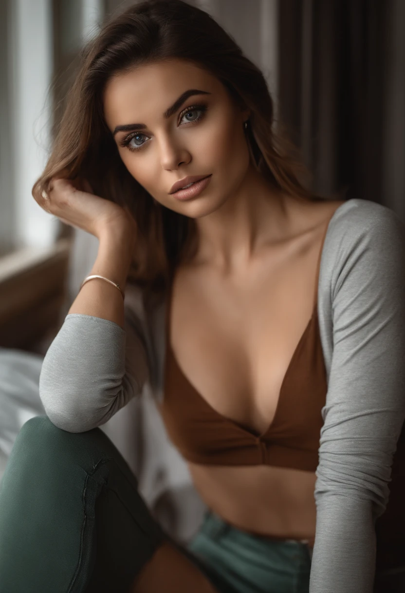 Arafed Mujer con una camiseta blanca sin mangas y un collar, Chica sexy con ojos verdes, Retrato Sophie Mudd, brown hair and large eyes, selfie de una mujer joven, Ojos del dormitorio, Violeta Myers, sin maquillaje, Maquillaje natural, staring directly into camera, cara con artgram, maquillaje sutil, Impresionante foto de cuerpo completo, penetrantes ojos verdes, beautiful angle, Pose atractiva, Cute , pose sexy, Imagen de cuerpo entero, cuerpo completo, full body shoot, Diosa morena, High detail, Pose satisfecha, con falda y botas grises, falda, Botas