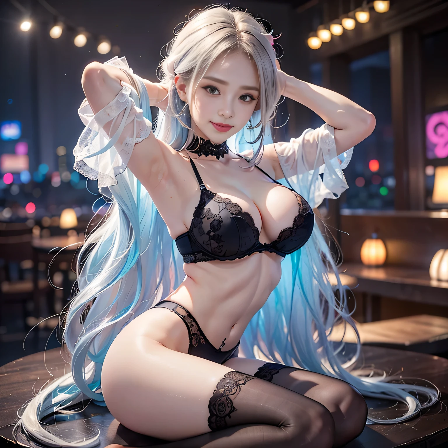 Blonde gray hair, straight hair, spread hair, long hair, 瞳孔がshine, long eyelashes, blue eyes, compensate, smile, color field painting, modern art, Northern Renaissance, blurry, blend, From under the chest, Breasts from chest to armpits, panorama, ultra wide angle, wide angle, f/1.8, 135mm, canon, nffsw, retina, table top, elaborate, anatomically correct, skin texture, Super detailed, high detail, high quality, High resolution, 1080P, hard disk, 4K, 8K, 最high qualityの, sexy pose (Neon lights of skyscrapers glitter in the background),(black lace panties)(最high quality)、 (masterpiece)、(影の少ないプロフェッショナルなreveal)、 (超realistic)、 (perfect anatomy)、 in front of the camera、There are two women、(can play)、1girl showing breasts, ( Choppy.3), (bright, plat, White skin without wrinkles or unevenness:1.5), ( long eyelashes 口を開けて, blush, parted lips, bright瞳孔, smiley, 魅惑的なsmile, shine, surrealism, modern,career woman、)lou(Off-shoulder translucent tube top bra)、(nipple)、(Black lace panties are visible)、black pantyhose、high heels、 誇らしげにin front of the cameraで胸を突き出します:1.2), (Another person on the other side、arch your back and look back, (Put one hand behind your head, 美しい顔は眉を下げた美しいsmileです), open chest、very beautiful breasts、sexual excitement、 performance、shiny skin。realistic、Photoreal:1.37)、(K-POP idol)、messy hair、medium hair、(ピンクのblush)、(reveal)、dynamic pose、((、(((((underboob)))))、lower chest、oily skin、skinny、 on the other hand, I can see a little bit under the chest、(目に見えるlower chest、I can see your belly button and ribs)、Hip bones and lower abdomen are visible、((Translucent underwear with almost no fabric))