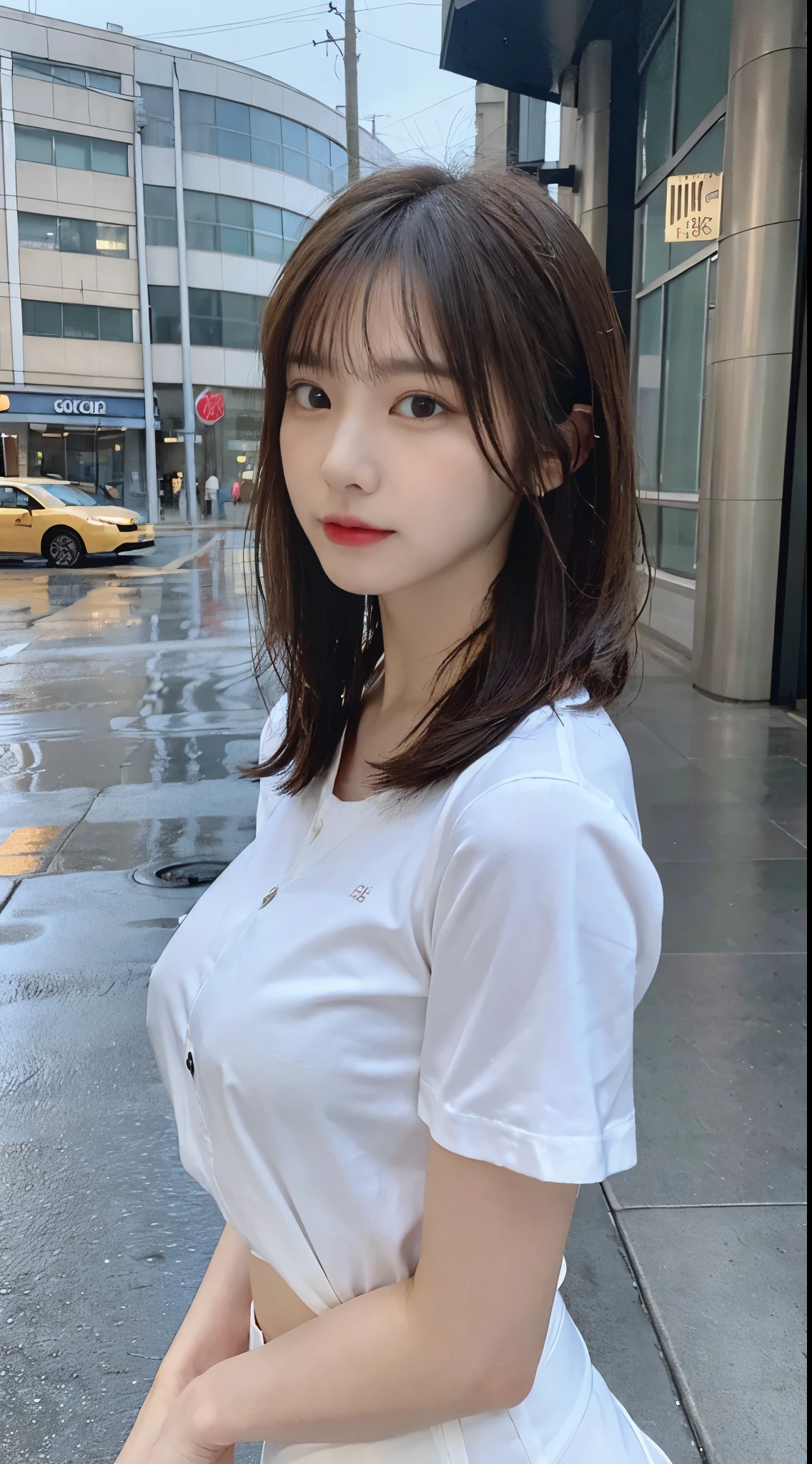 ((highest quality, 8K, masterpiece: 1.3)), sharp: 1.2, perfect body beauty: 1.4, slim abs: 1.2, ((layered hairstyles, big breasts: 1.2)), (Wet White Button Long Shirt: 1.1), (rain, street: 1.2), Wet: 1.5, Highly detailed face and skin texture, fine eyes, double eyelid, profile looking at camera、no bra、Breasts fully visible、I think my shirt will come off、