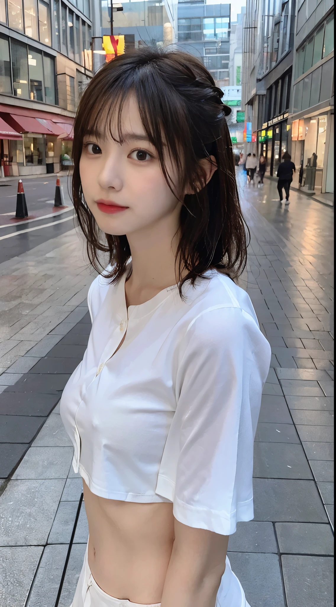((highest quality, 8K, masterpiece: 1.3)), sharp: 1.2, perfect body beauty: 1.4, slim abs: 1.2, ((layered hairstyles, big breasts: 1.2)), (Wet White Button Long Shirt: 1.1), (rain, street: 1.2), Wet: 1.5, Highly detailed face and skin texture, fine eyes, double eyelid, profile looking at camera、no bra、Breasts fully visible、I think my shirt will come off、