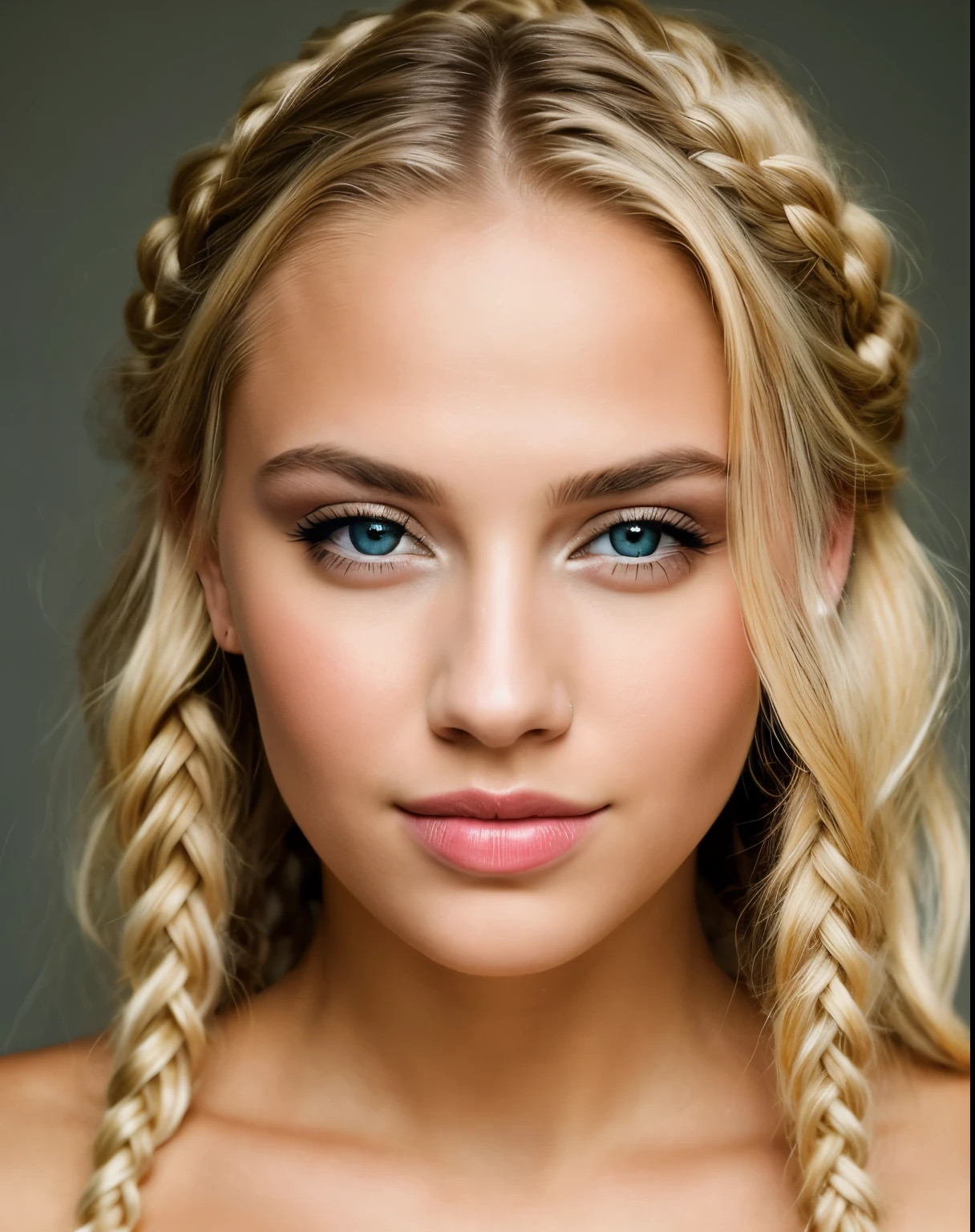 award winning glamour photograph,((best quality)), ((masterpiece)), ((realistic)), piercing eyes, very happy, blonde hair, quad braids,