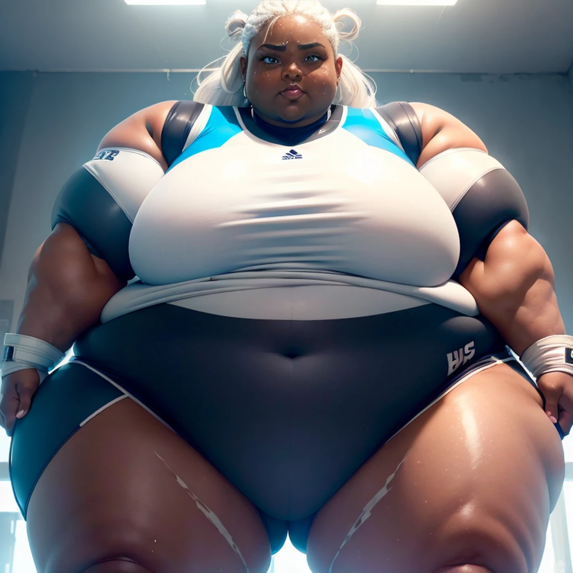 ((Dark skin)), dark skinned female, giantess, ((strongfat)), ssbbw, obese, ((strong arms)), white hair, blue eyes, tall, looming over viewer, (gentle smile), (wrestling gear), gigantic, insanely large belly, sweaty, subtle blush, (bare arms), ((biceps)), ((flexing)), ((bicep bulges))
