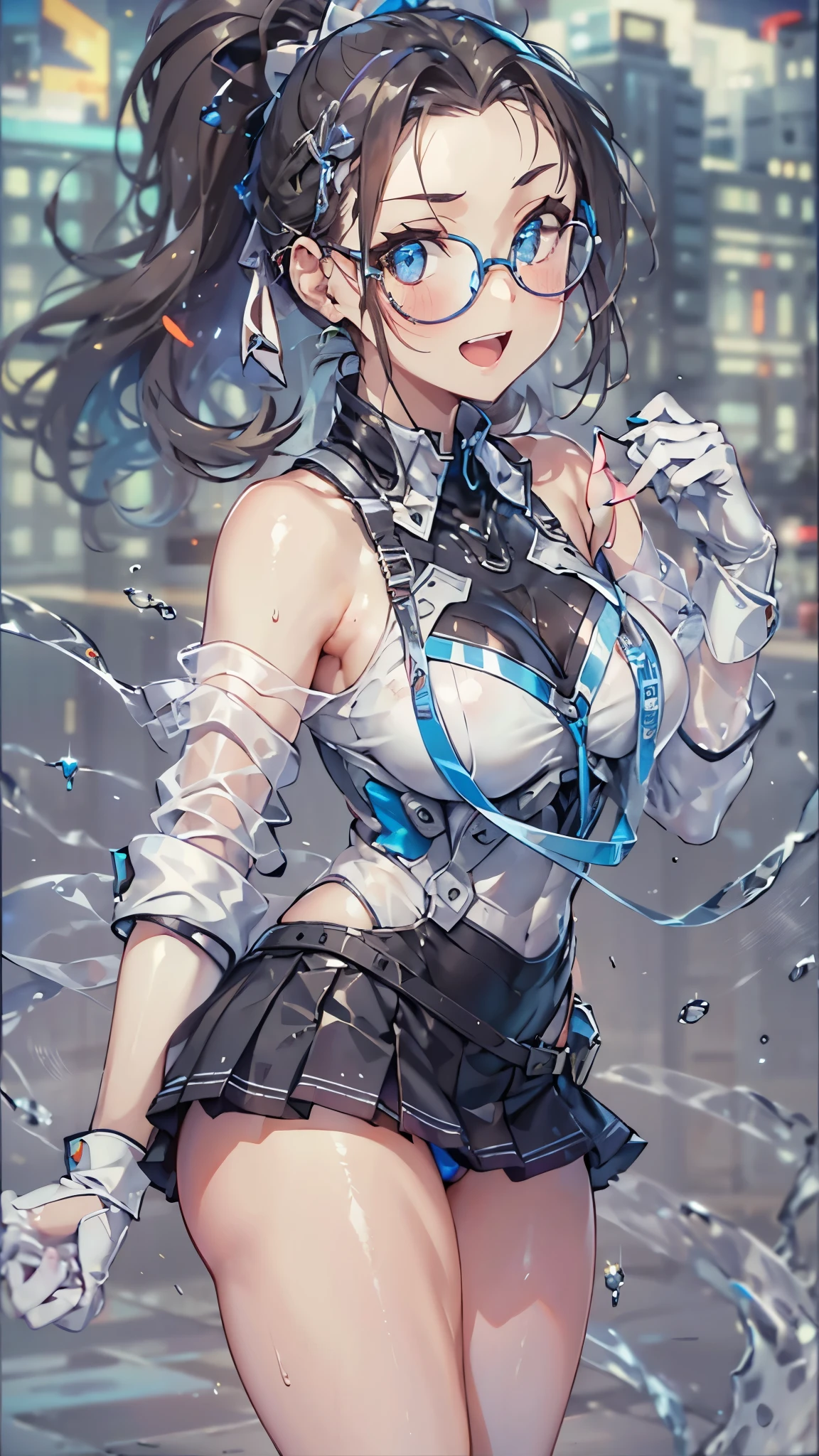 woman,,,city,night,(((white and blue tight miniskirt bodysuit))),,open mouth smile((See-through))glasses,((beautiful long ponytail)),((Baby girl bohape))