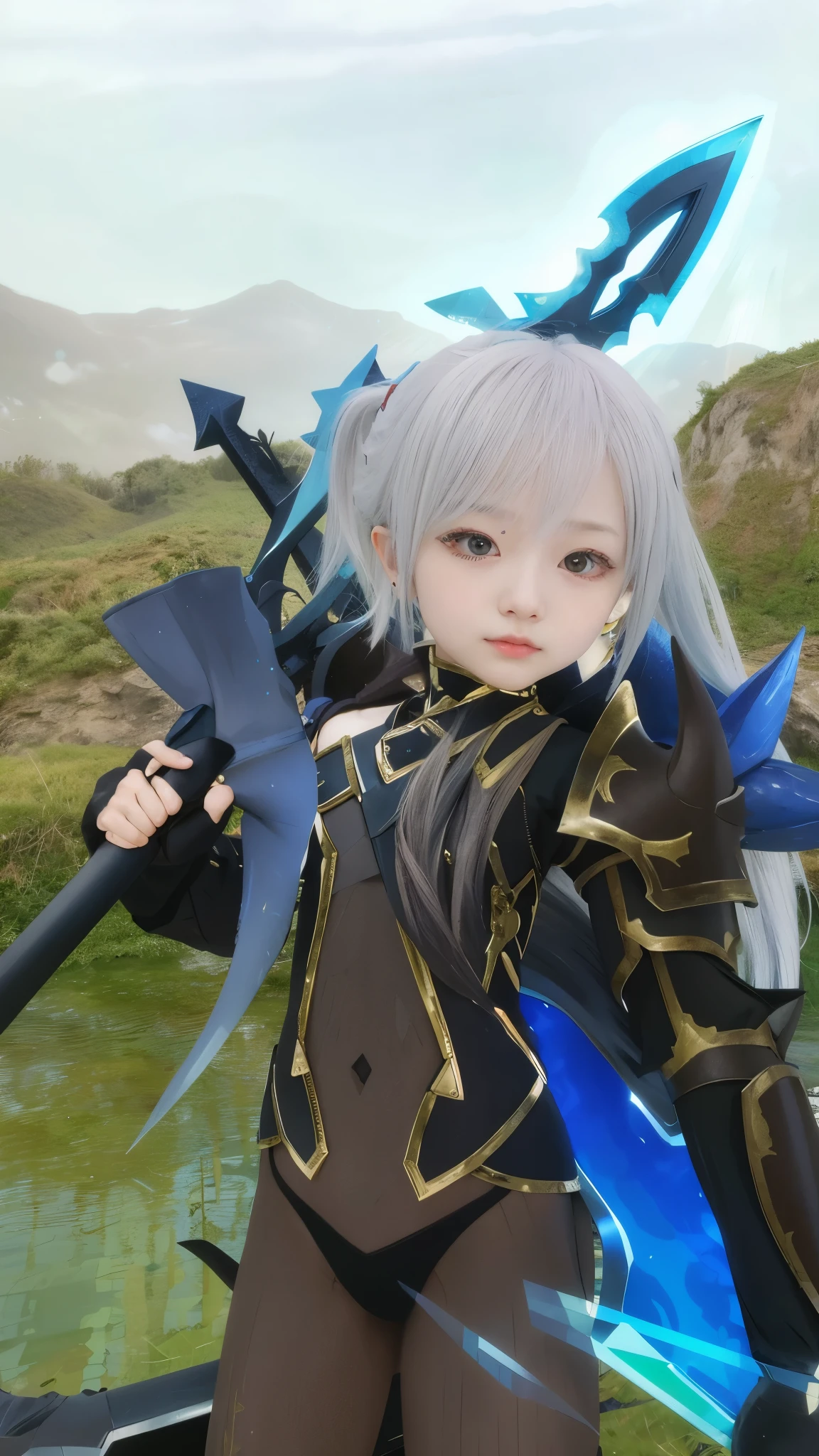 anime character with sword and shield in a field, sliver ice color reflected armor, with sleek silver armor, with leviathan axe, with scaly-looking armor, keqing from genshin impact, ayaka genshin impact, holding a halberd pose, black shiny armor, black fire color reflected armor, from bravely default ii, her has white hairs, realistic, human anatomy, holding halberd, seriously face, innocent, young japanese girl, high detailed, ultra high quality