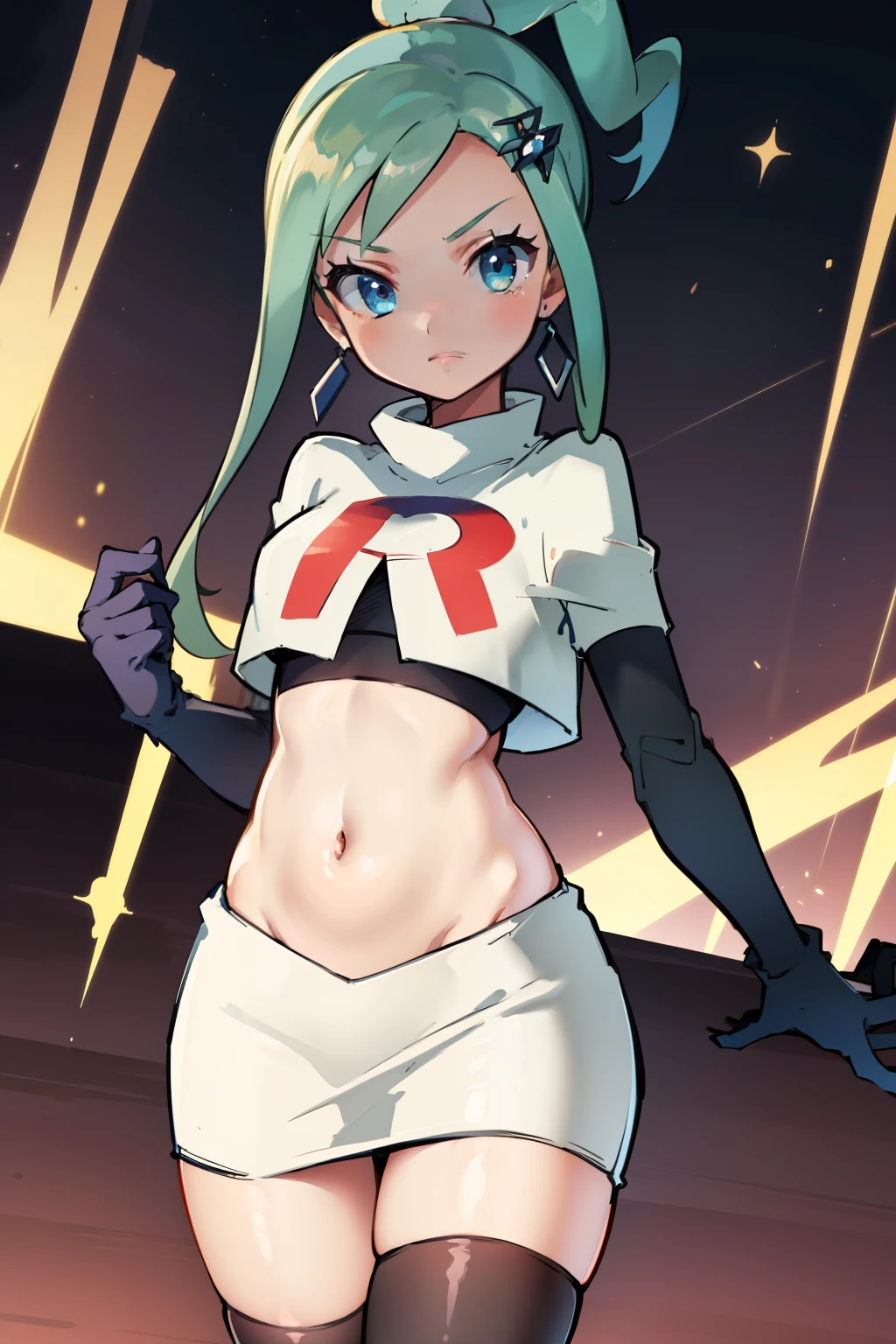 AALISIA,LONG HAIR,ASYMMETRICAL HAIR,SIDELOCKS,HAIR ORNAMENT,EARRINGS,team rocket,team rocket uniform,white skirt,red letter R,crop top,black thigh-highs,black elbow gloves, 1girl, solo, facing viewer, looking at viewer,