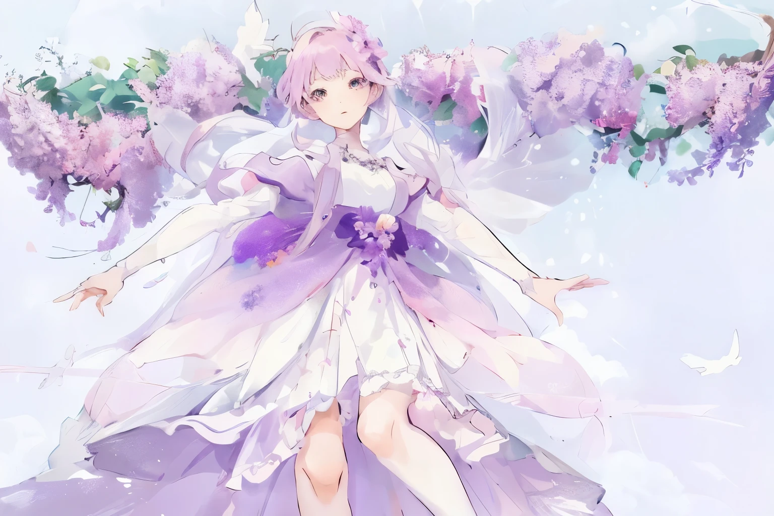 Anime girl wearing purple skirt,There is a bird in the background, lilacs, my dress up darling anime, Cute anime waifu wearing beautiful clothes, clear Fashion Design, !!full body portrait!!, Soft anime illustration, Fashion Design, Beautiful anime style, season!! : 🌸 ☀ 🍂 ❄, Beautiful anime character design, Dress up in dreamy formal attire, Beautiful anime art style, dream style
