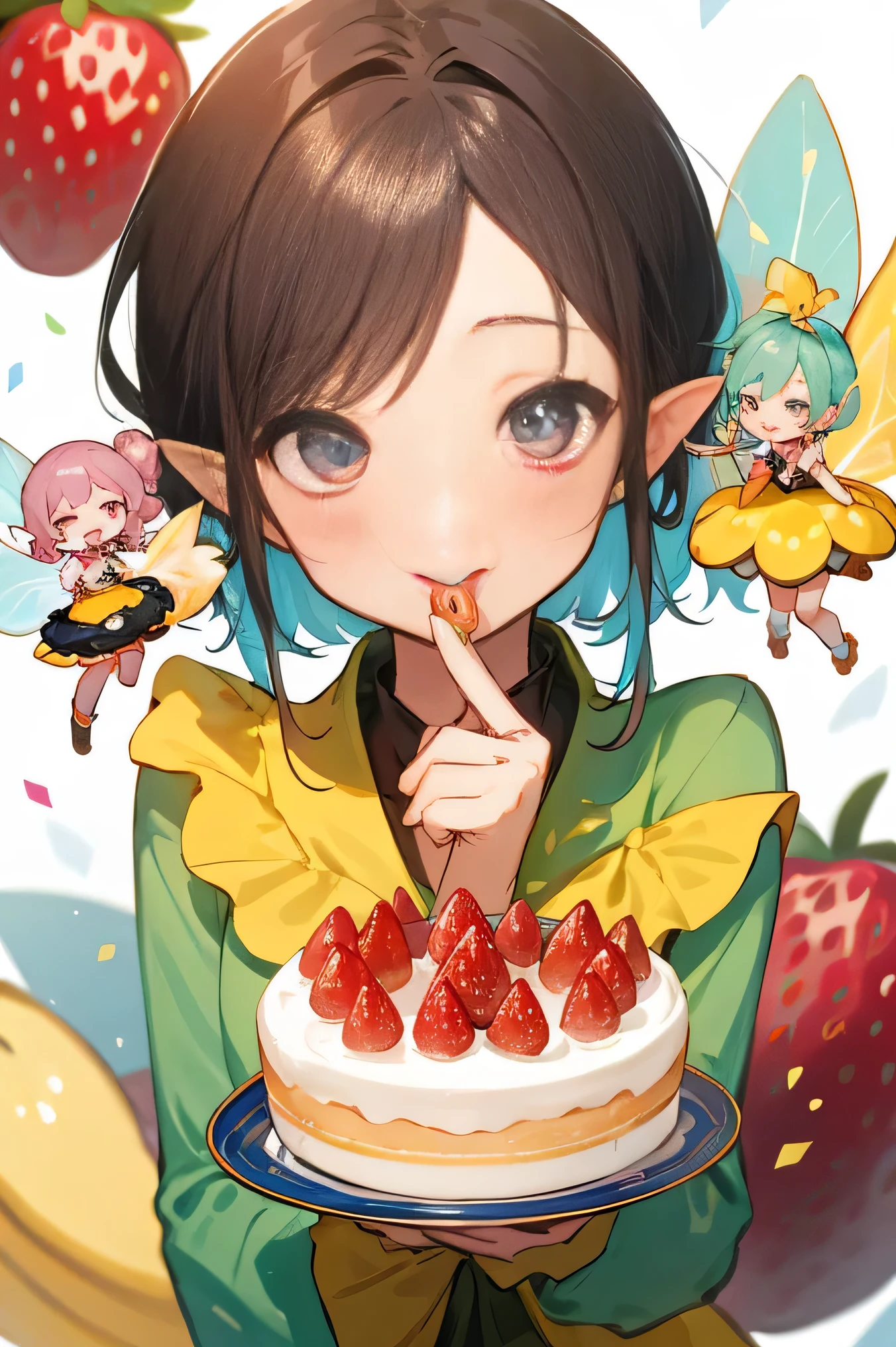 highest quality、High resolution、8K、cute beauty、detailed background、beautiful and detailed face、beautiful and smooth skin、skin texture、Multiple little fairies、((three fairies))、fruit and food costumes: fruit and candy costume、Gives a colorful and cute impression。for example、Strawberries or bananas、We also have costumes such as donuts.。Look at me happily、Eat happily、cake、sweets