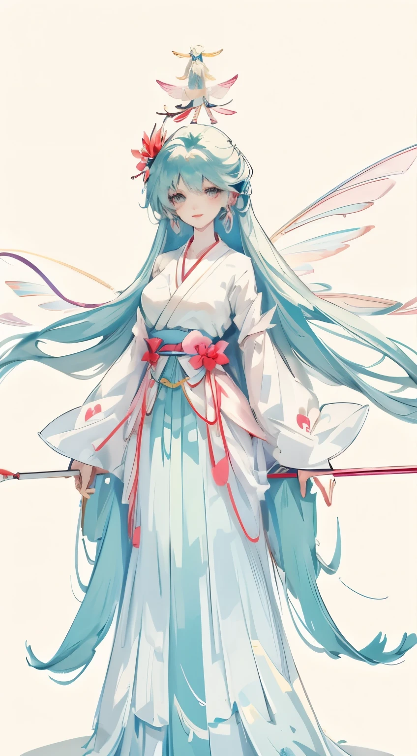 Anime girl with blue wings and blue skirt and red tie, anime goddess, Cute anime waifu wearing beautiful clothes, full body xianxia, my dress up darling anime, ethereal wings, beautiful youth spirit, exquisite and handsome wings, Beautiful anime character design, Smile like a fairy king, Inspired by Lu Ji, Astral Fairy, Hatsune Miku