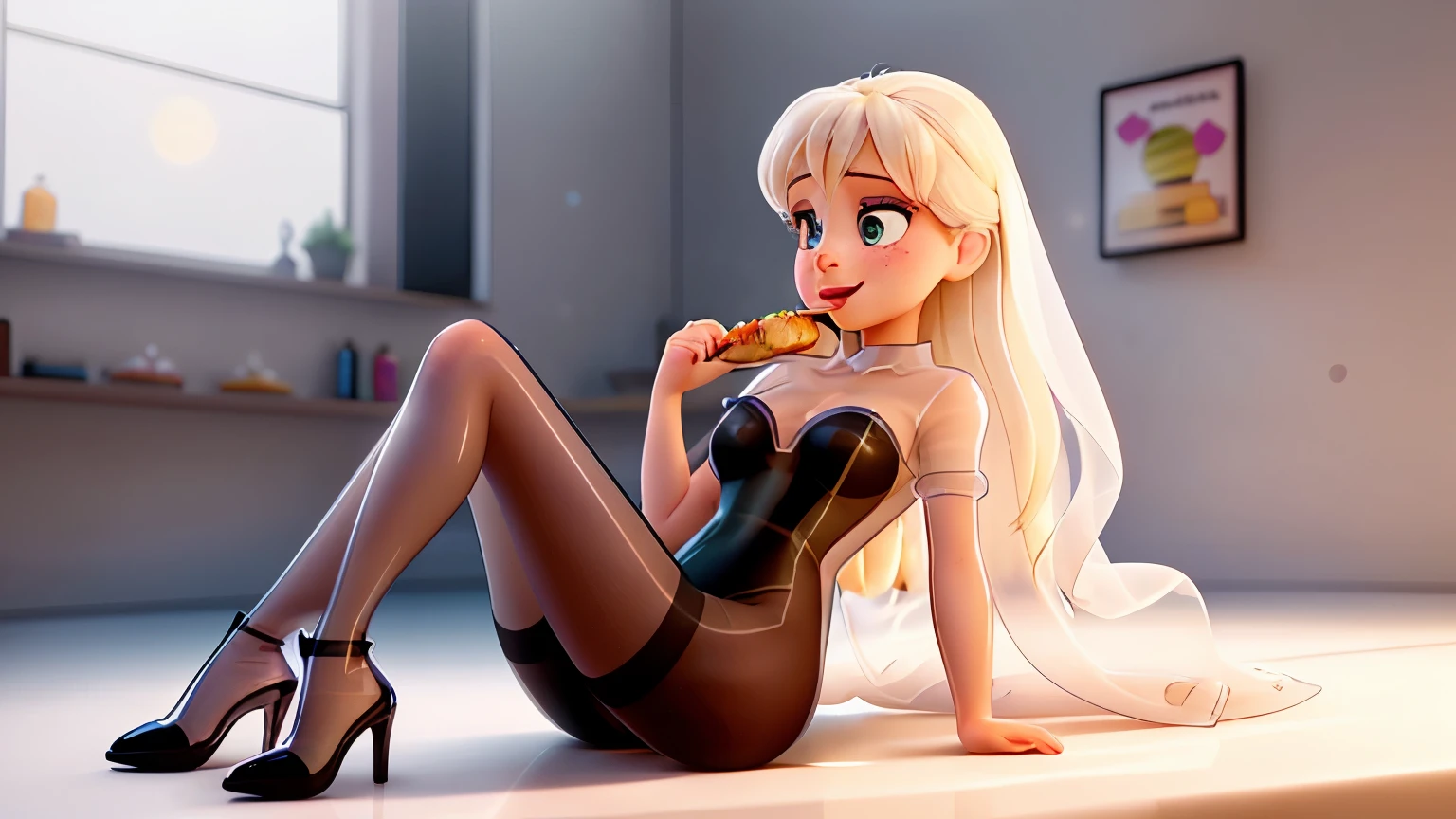 1 girl, ((eating a cheeseburger)), enjoying a delicious burger, skinny, facing the camera, entire subject in view, matte black high-heels, long straight platinum-blonde hair, classic American southern-belle, huge breasts, she is wearing a white blouse, her blouse is unbuttoned, she is wearing a red pleated skirt, wet-look, shiny skin, incredible detail, masterpiece, freckles, bright pale pink lipstick, soft lips, shiny lips, incredibly beautiful, impossibly beautiful, long eyelashes, (((shiny sheer transparent black pantyhose))) on her legs, small hips, freckled cleavage, late night, ominous lighting,