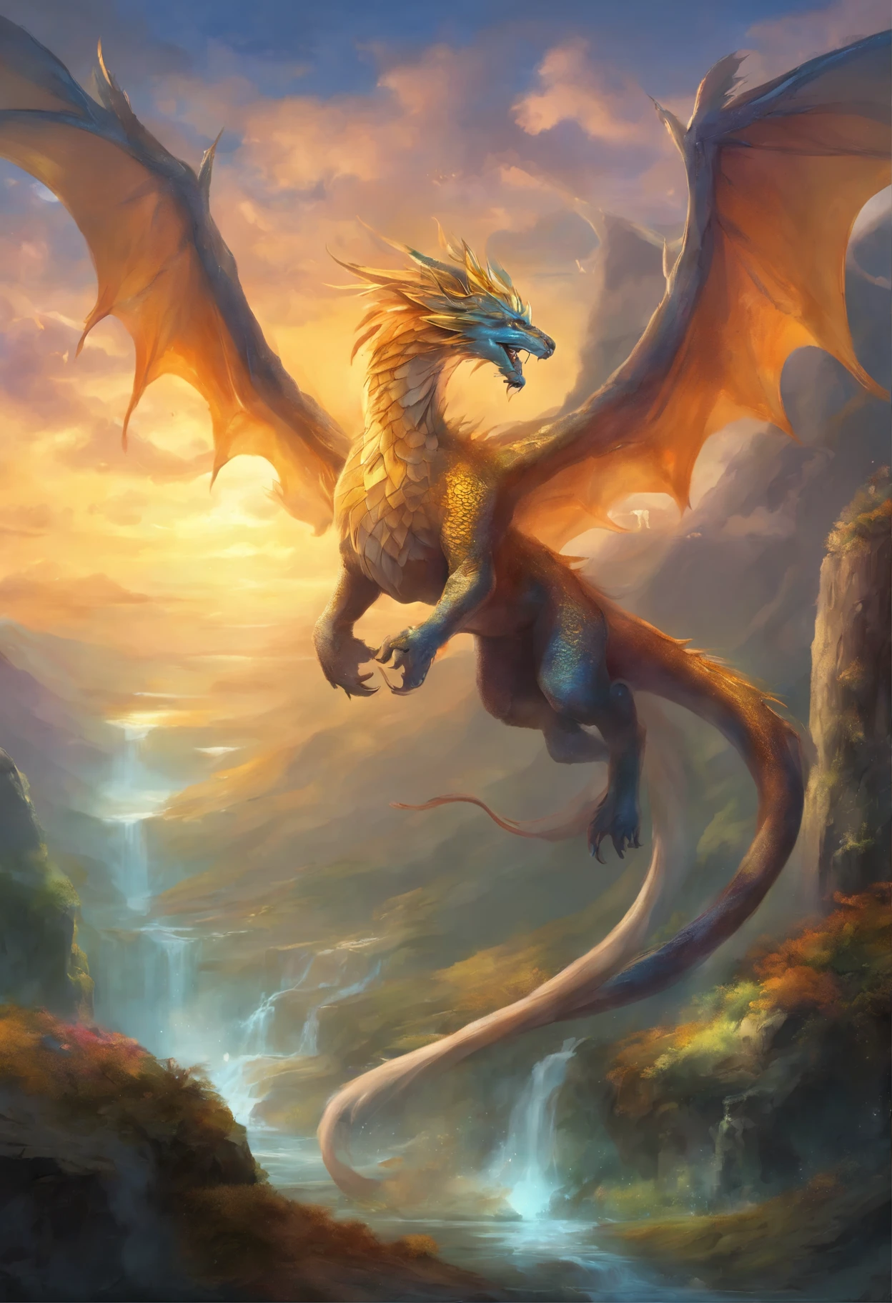 painting of a mythical creature with a golden tail and a blue body, mythical creature, a mythical creature, fantastical creature, fluffy fluffy iridescent dragon, fantasy card game art, Soft gentle dragon features, epic fantasy card game art, epic fantasty card game art, Magic collection art style, phoenix dragon, High quality fantasy art, the magical art of collecting cards