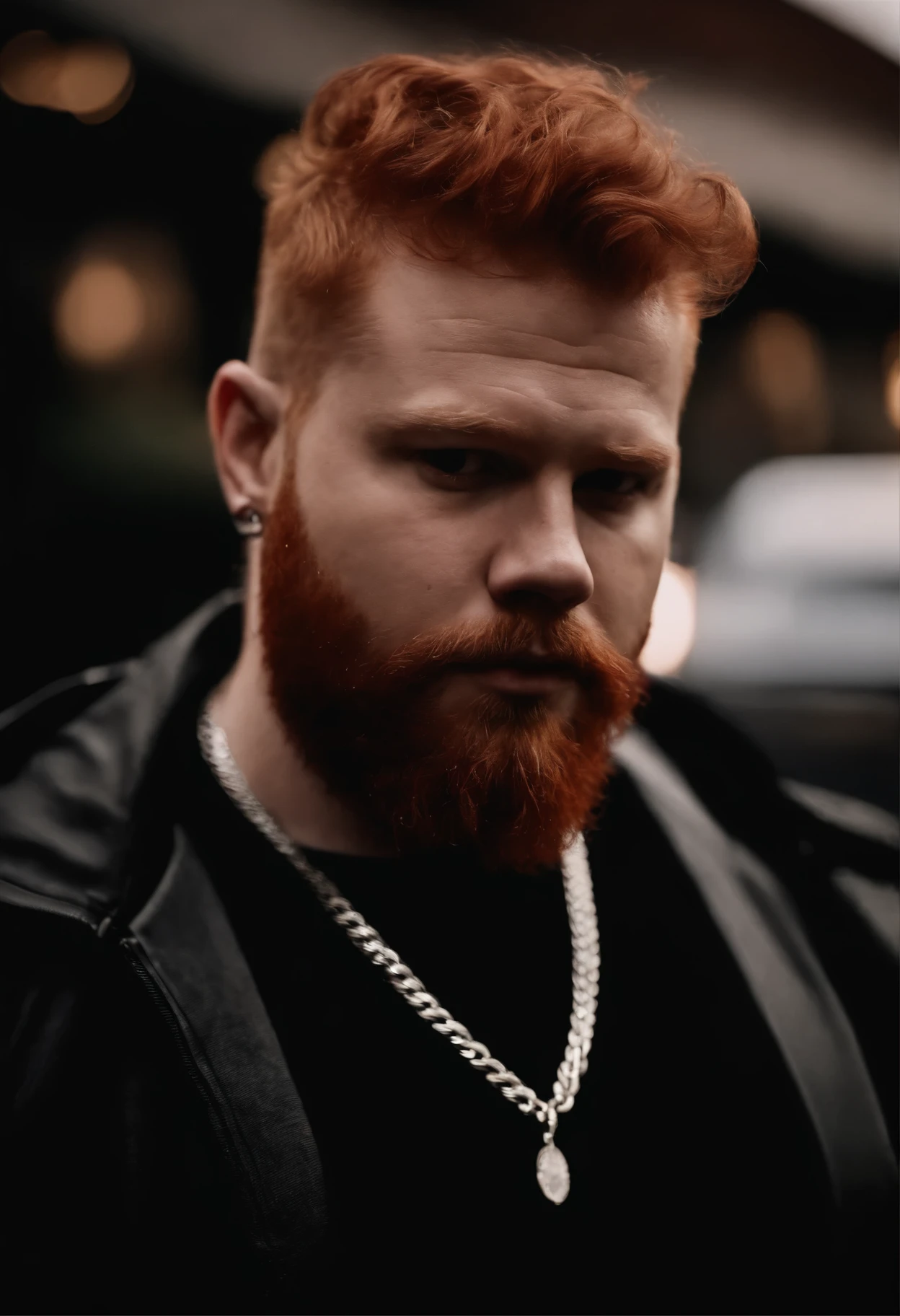Chubby white male rapper red haired red beard, silver chains on this neck , ,medium lengthred hair . Wearing all black