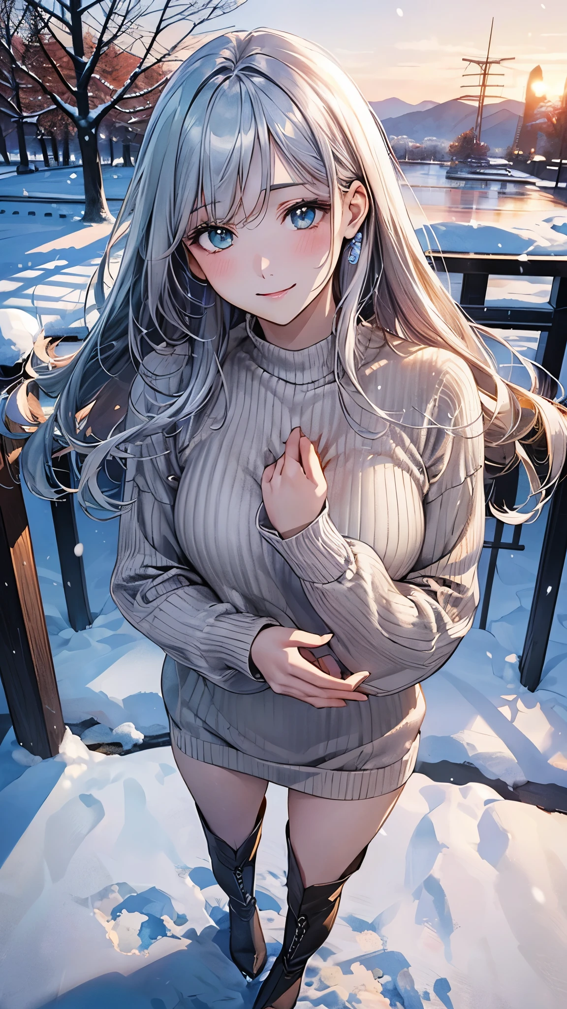 (masterpiece:1.2, top-quality), (realistic, photorealistic:1.4), beautiful illustration, (natural side lighting, movie lighting), nsfw,
looking at viewer, 1 girl, japanese, high school girl, perfect face, cute and symmetrical face, shiny skin,
(long hair:1.5, messy hair:1.2, silver hair), swept bangs, emerald green eyes, drooping eyes, long eye lasher, (large breasts:0.6),
beautiful hair, beautiful face, beautiful detailed eyes, beautiful clavicle, beautiful body, beautiful chest, beautiful thighs, beautiful legs,
((symmetrical clothing, dark brown sweater dress), light blue perforated stripe panty), boots,
(beautiful scenery), winter, dawn, hokkaido, sapporo odori park, snow, snowfall:1.5, freezing weather, frost,
(standing), (lovely smile, upper eyes),