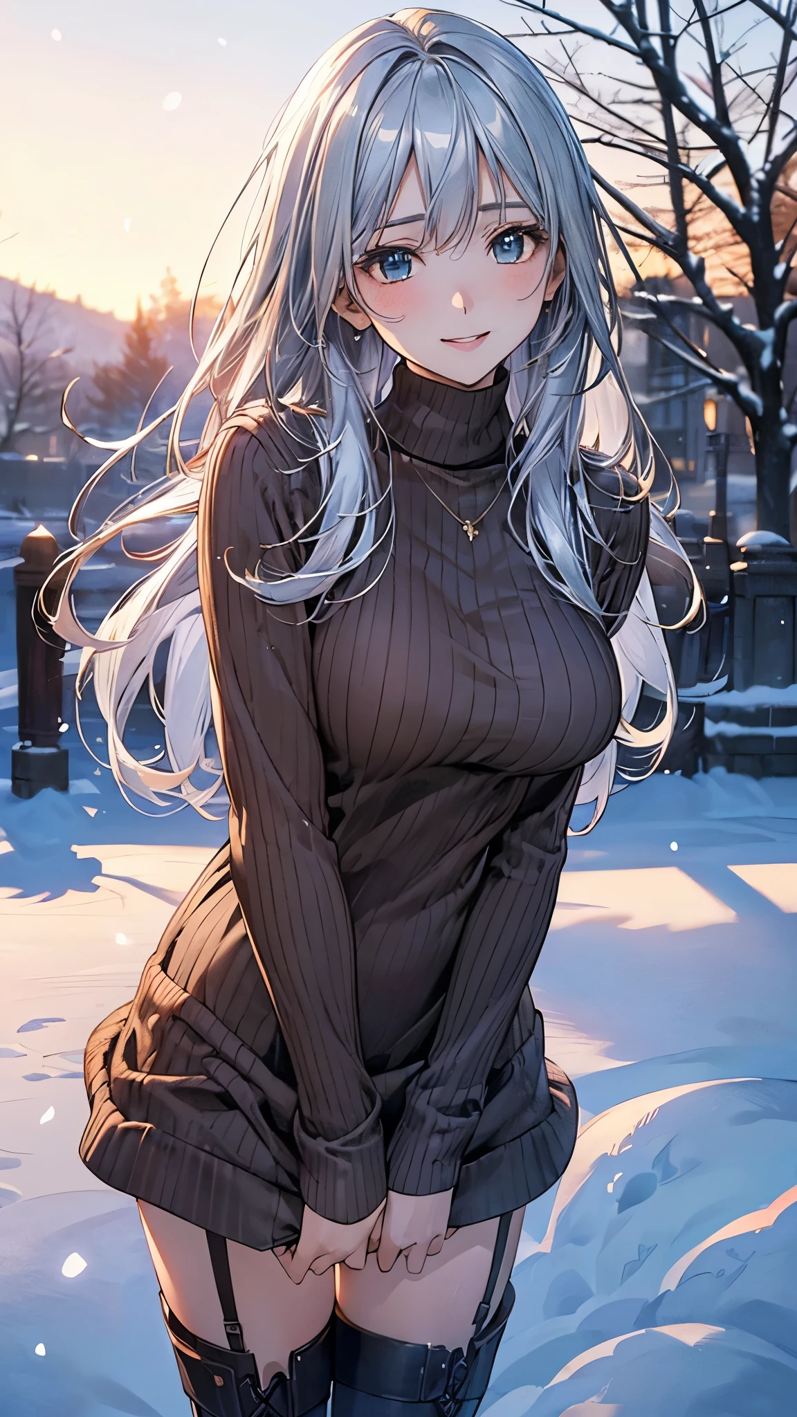 (masterpiece:1.2, top-quality), (realistic, photorealistic:1.4), beautiful illustration, (natural side lighting, movie lighting), nsfw,
looking at viewer, 1 girl, japanese, high school girl, perfect face, cute and symmetrical face, shiny skin,
(long hair:1.5, messy hair:1.2, silver hair), swept bangs, emerald green eyes, drooping eyes, long eye lasher, (large breasts:0.6),
beautiful hair, beautiful face, beautiful detailed eyes, beautiful clavicle, beautiful body, beautiful chest, beautiful thighs, beautiful legs,
((symmetrical clothing, dark brown sweater dress), light blue perforated stripe panty), boots,
(beautiful scenery), winter, dawn, hokkaido, sapporo odori park, snow, snowfall:1.5, freezing weather, frost,
(standing), (lovely smile, upper eyes),