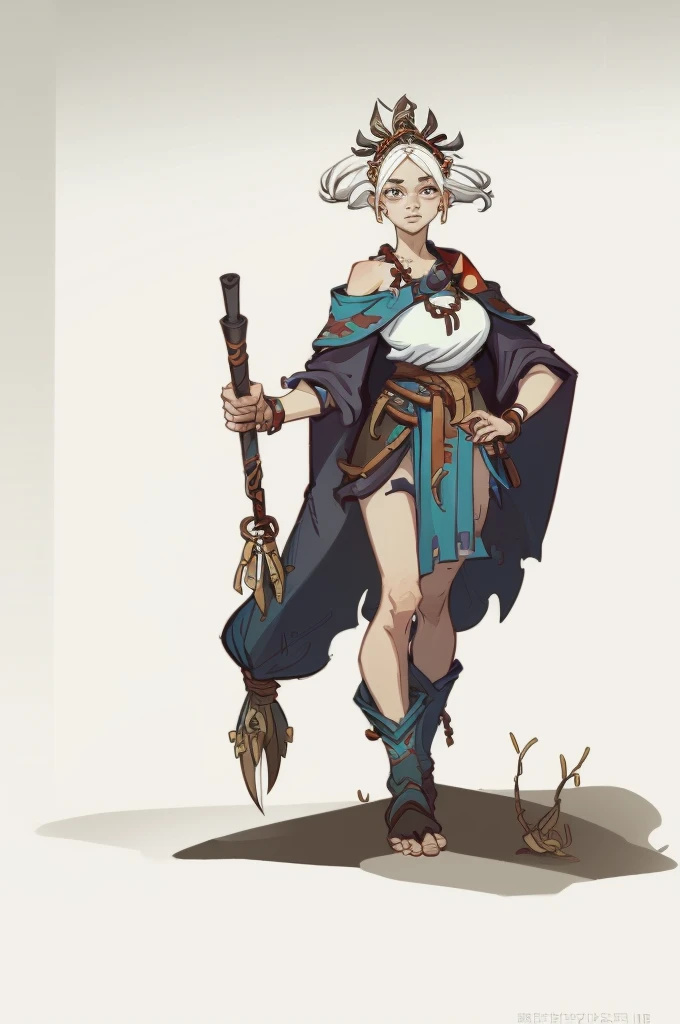 1girll ，((1girll))，((独奏))，full bodyesbian，European and American cartoon design，Primitive tribal elements，standing on your feet，the witcher，Staff in hand，feater，white backgrounid