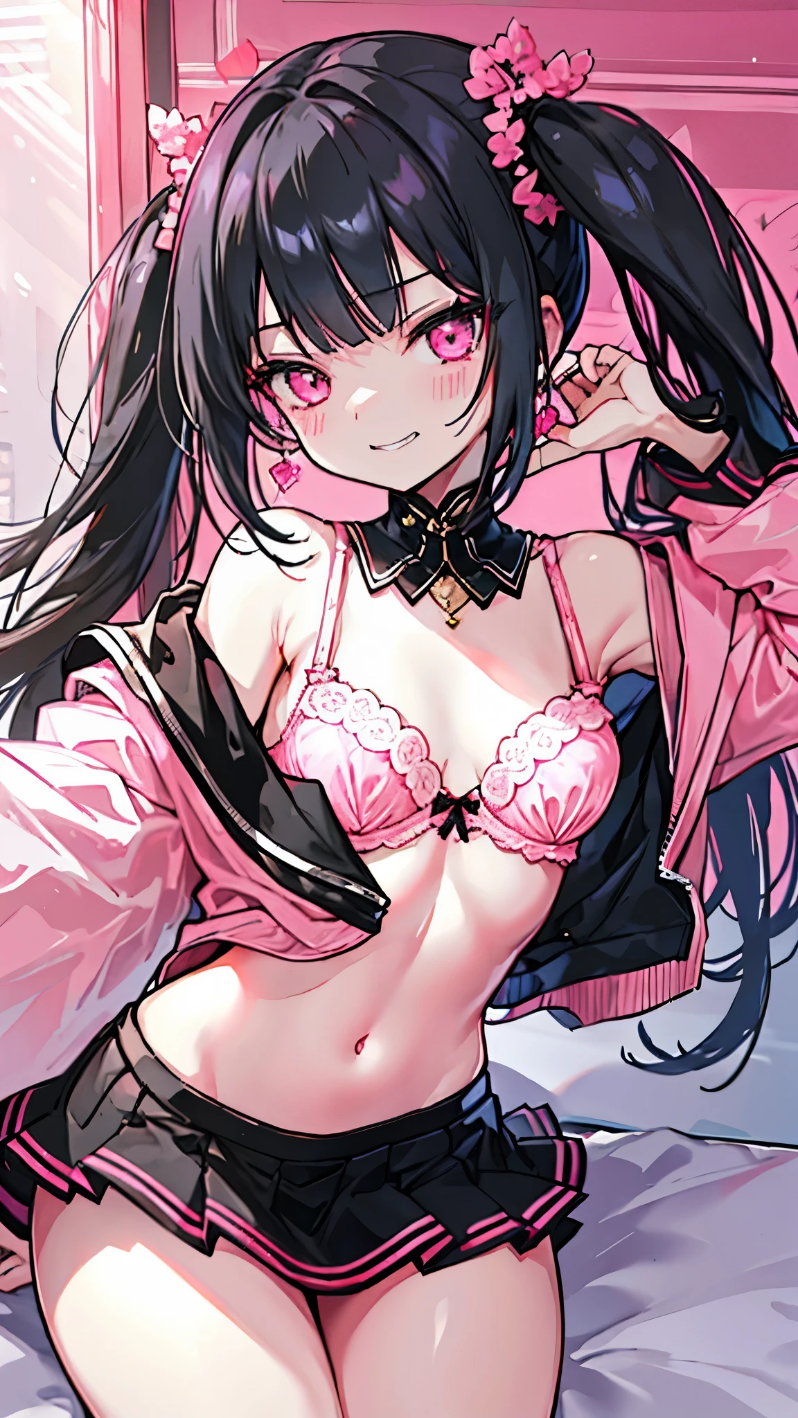 (8K、Highest image quality、highest quality、masterpiece)、detailed face、1 girl、black hair、long hair、twintails、blunt bangs、pink eyes、evilsmall、grin、earrings、Moderate chest、open pink shirt、((black lace bra))、black pleated skirt、mini skirt、((pink lace panties))、skirtliftfront、Are standing、cowboy shot、Background of the washroom