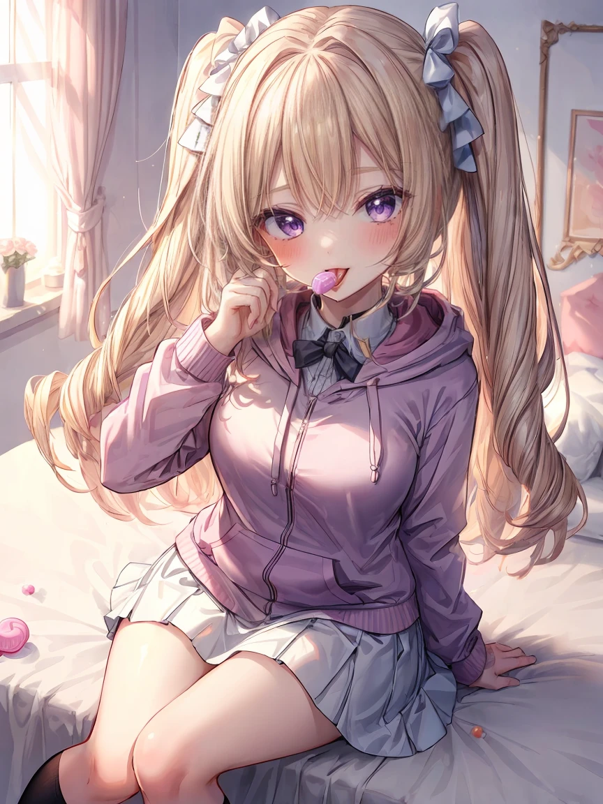 ((8K masterpiece,highest quality)), ultra high resolution, hyper detail, (1 girl), (),beautiful face, beautiful and delicate eyes,((purple eyes)),Big eyes,shining eyes of light,Thin and long eyelashes,detailed light,((blonde)),((long hair)),((straight hair)),big breasts,thin waist,slender body,blush,(grinning smile),troubled eyebrows,((pink hoodie)),((White ruffled skirt)),black and white patterned knee high socks,bed,cute,((Pink Room)),gamingroom,cute,Princess,(((lick the candy in your hand))),provocation,motion blur,Depth of written boundary,spectacular panoramic view,angle from above