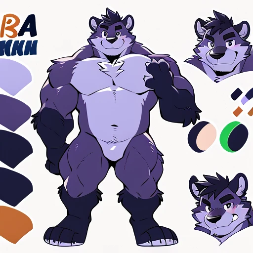 by takemoto arashi, ((full body)), (1boy), solo, (((character sheet, full body))), white background, male anthro, kemono, (lavender bear), short dark Mohawk with white stripe, dark purple shins, dark purple, dark purple forearm, dark purple bicep, lavender triceps, tan torso, dark stripe along outer sides of chest, tan stripes around knees, tan fingers, round face, round ears, naked, hot body, stocky, short stature, chubby, huge gut, giant muscle-gut, muscle, hunk, sexy, bara, handsome boy, (detailed eyes), (masterpiece, high res, best quality), 4k, soft skin, warm color, one hand grabbing chest, one hand squeezing pec very hard,Physical man,hairy paws hairy paws, furry paw, professional furry drawing, fur covered legs, naked, nude, nakedness, small bulge