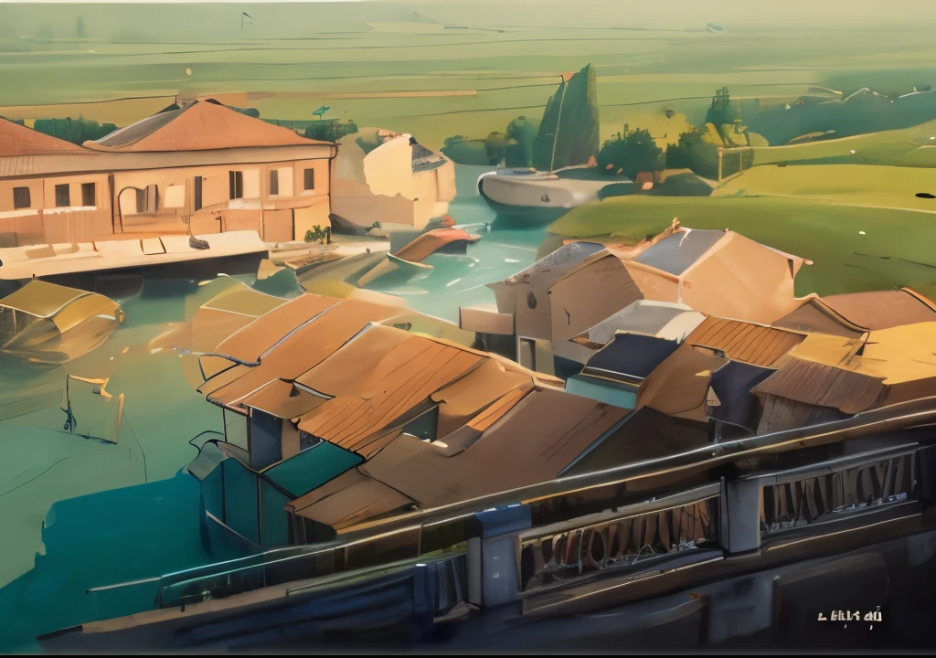 Chinese buildings,A river,There is a sailboat, high quality,lifelike, Art, 8k, looking down,鸟瞰图 概念Art!!,Lots of roof tiles,Old village isometric perspective view,forest park in the distance,Sunlight