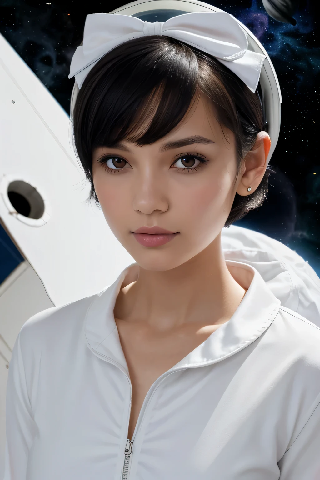 ski style, 1 girl, alone, black hair, black eye, looking at the viewer, mole, bangs, short hair, bow, sailor collar, simple background, white sailor collar, mole under mouth, hair bow, pink bow, closed mouth, shirt, white shirt, bob cut, gray background, portrait, detached wings, compensate, Upper body, (((Outer space background)))
