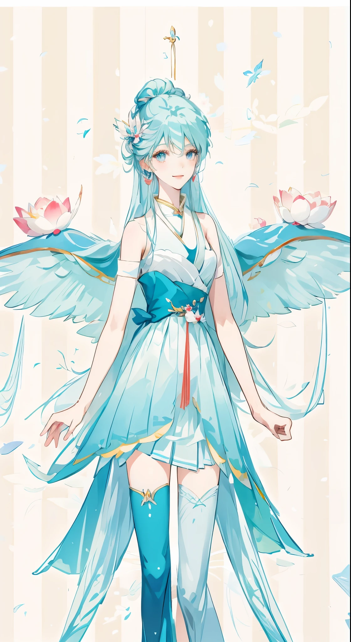 Anime girl with blue wings and blue skirt and red tie, anime goddess, Cute anime waifu wearing beautiful clothes, full body xianxia, my dress up darling anime, ethereal wings, beautiful youth spirit, exquisite and handsome wings, Beautiful anime character design, Smile like a fairy king, Inspired by Lu Ji, Astral Fairy, Hatsune Miku