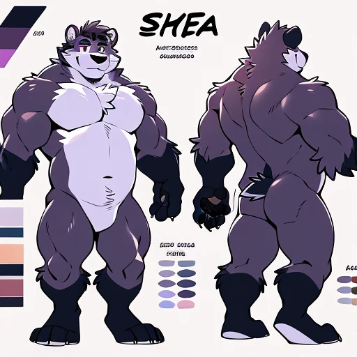 by takemoto arashi, ((full body)), (1boy), solo, (((character sheet, full body))), white background, male anthro, kemono, (lavender bear), short dark Mohawk with white stripe, dark purple shins, dark purple, dark purple forearm, dark purple bicep, lavender triceps, tan torso, dark stripe along outer sides of chest, tan stripes around knees, tan fingers, round face, round ears, naked, hot body, stocky, short stature, chubby, huge gut, giant muscle-gut, muscle, hunk, sexy, bara, handsome boy, (detailed eyes), (masterpiece, high res, best quality), 4k, soft skin, warm color,  one hand grabbing chest, one hand squeezing pec very hard，Physical man，hairy paws hairy paws, furry paw, professional furry drawing, fur covered legs, naked, nude, nakedness, small bulge
