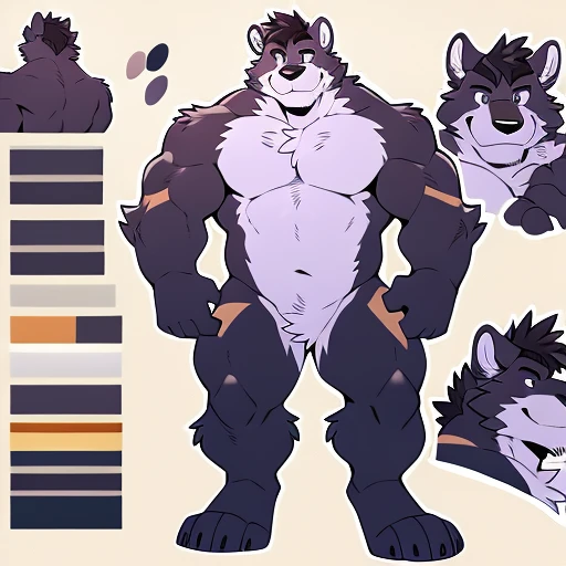 by takemoto arashi, ((full body)), (1boy), solo, (((character sheet, full body))), white background, male anthro, kemono, (lavender bear), short dark Mohawk with white stripe, dark purple shins, dark purple, dark purple forearm, dark purple bicep, lavender triceps, tan torso, dark stripe along outer sides of chest, tan stripes around knees, tan fingers, round face, round ears, naked, hot body, stocky, short stature, chubby, huge gut, giant muscle-gut, muscle, hunk, sexy, bara, handsome boy, (detailed eyes), (masterpiece, high res, best quality), 4k, soft skin, warm color, one hand grabbing chest, one hand squeezing pec very hard,Physical man,hairy paws hairy paws, furry paw, professional furry drawing, fur covered legs, naked, nude, nakedness, small bulge