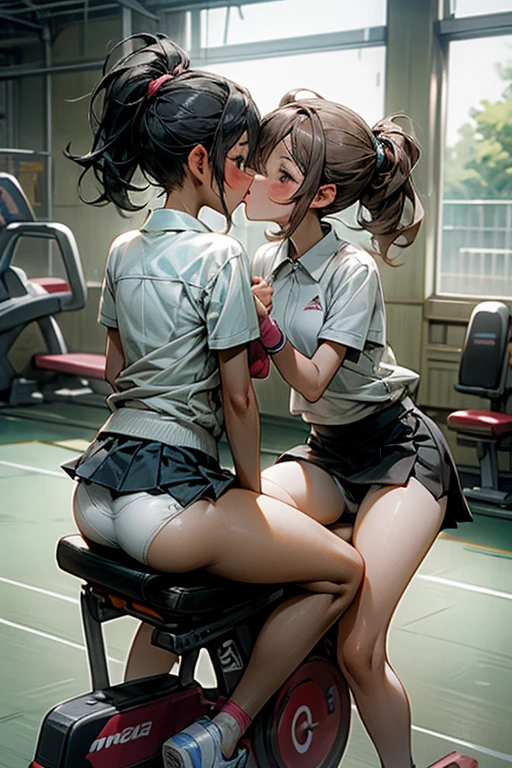 Two girls kiss while sitting on gym cycles saddle cushion, tennis-wear, skirt, white panties,