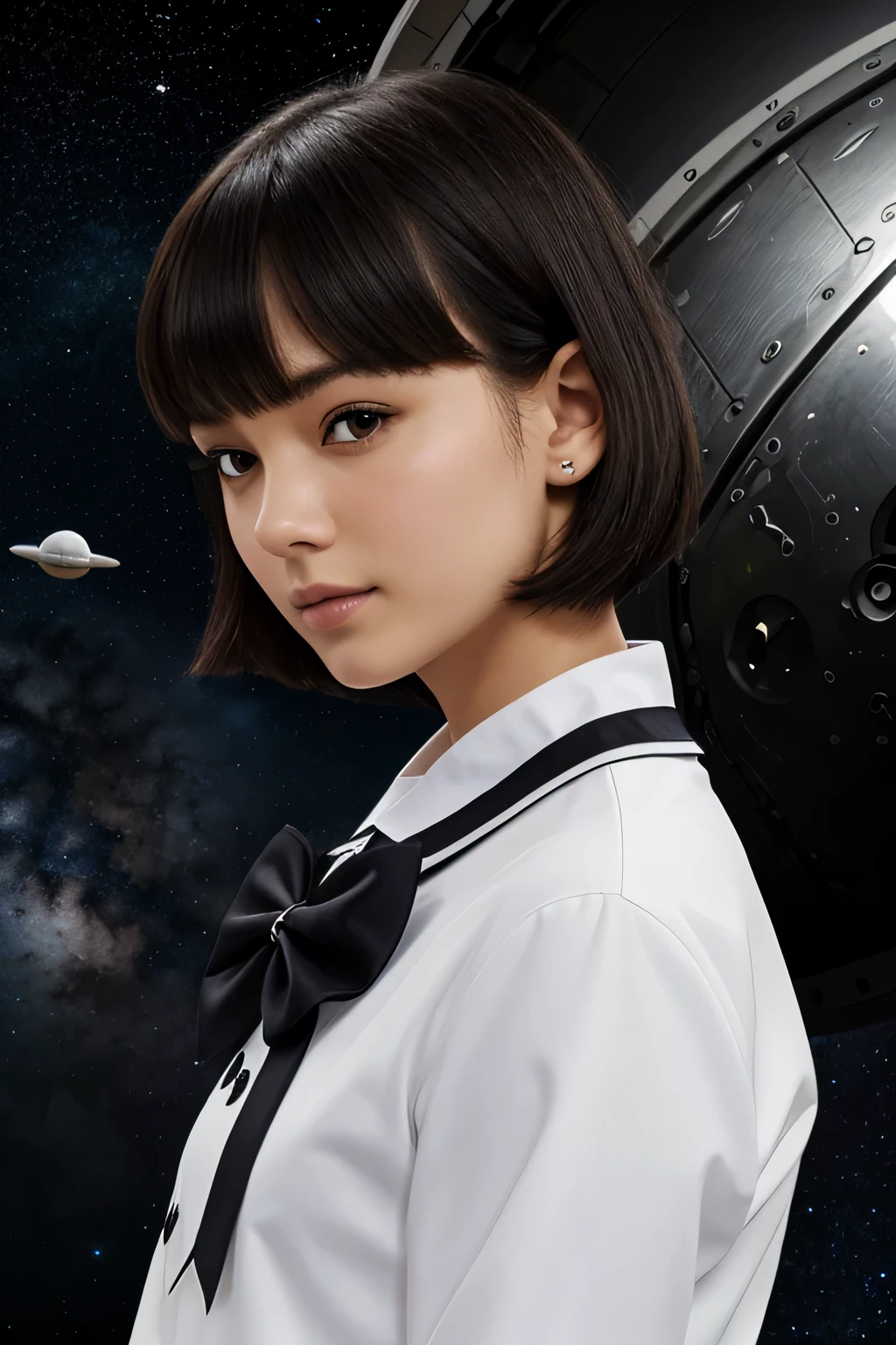 ski style, 1 girl, alone, black hair, black eye, looking at the viewer, mole, bangs, short hair, bow, sailor collar, simple background, white sailor collar, mole under mouth, hair bow, pink bow, closed mouth, shirt, white shirt, bob cut, gray background, portrait, detached wings, compensate, Upper body, (((Outer space background)))