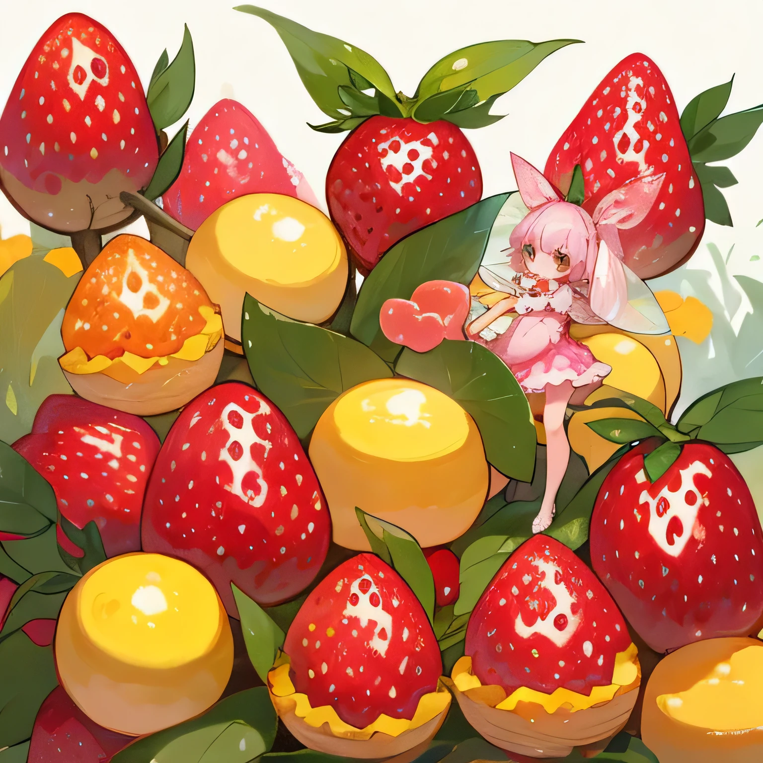 highest quality、detailed background、Multiple little fairies、fruit and food costumes: fruit and candy costume、Gives a colorful and cute impression。for example、Strawberries or bananas、We also have costumes such as donuts.。