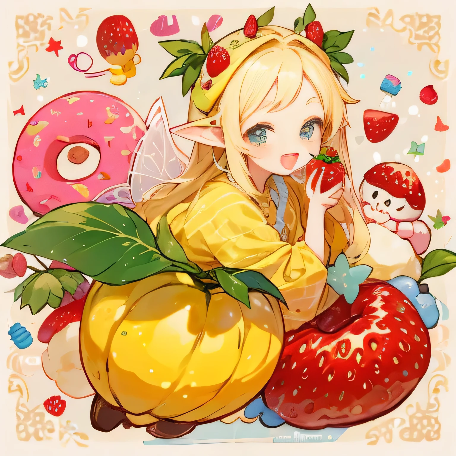 highest quality、detailed background、Multiple little fairies、fruit and food costumes: fruit and candy costume、Gives a colorful and cute impression。for example、Strawberries or bananas、We also have costumes such as donuts.。