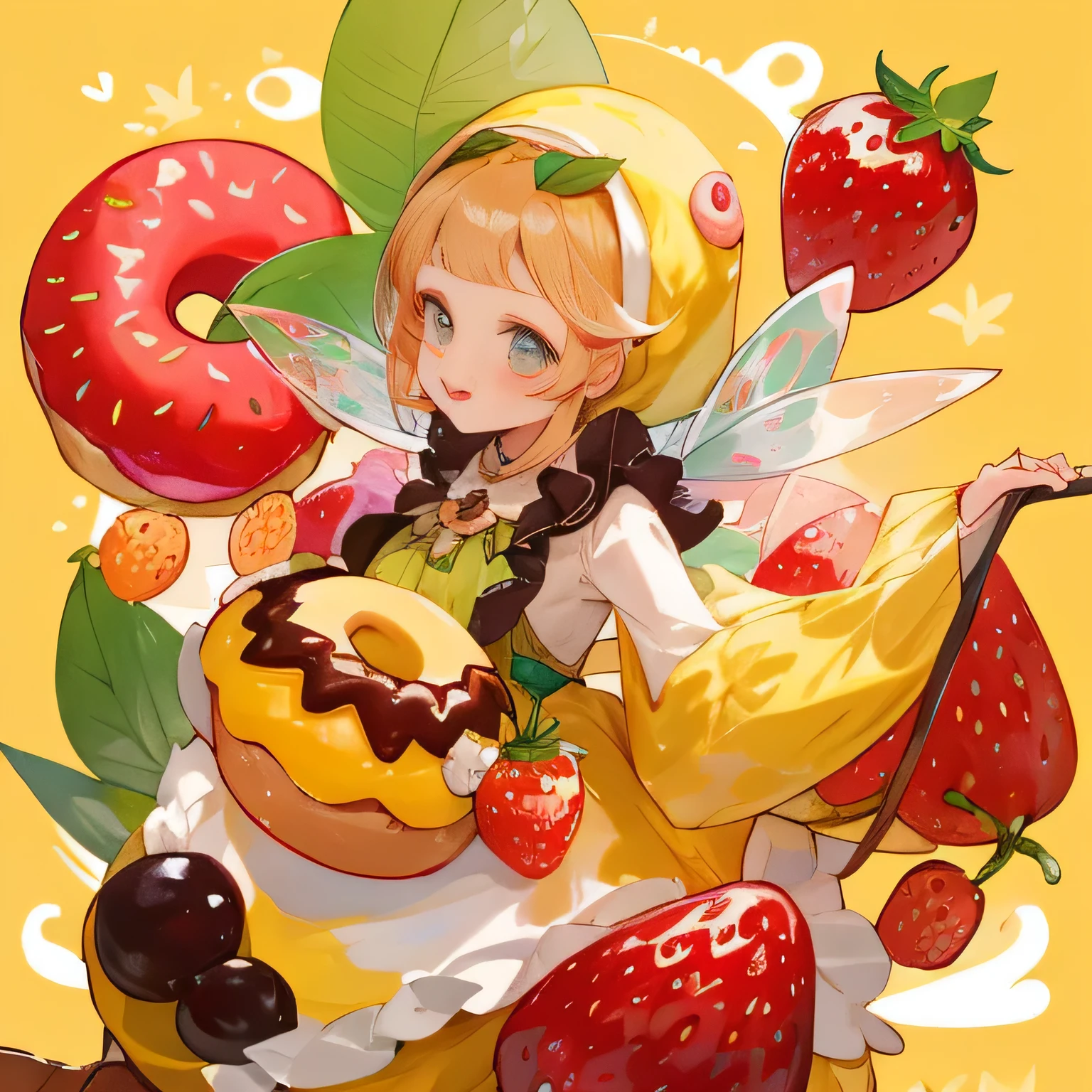 highest quality、detailed background、Multiple little fairies、fruit and food costumes: fruit and candy costume、Gives a colorful and cute impression。for example、Strawberries or bananas、We also have costumes such as donuts.。