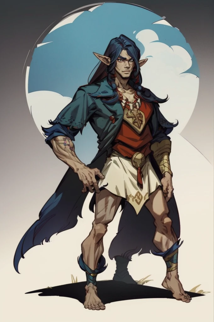 1boy, European and American cartoon design, flatee, shadee, dnd character, half-elf, dark haie, male, scars on face, red vest, sharp features, straight hair