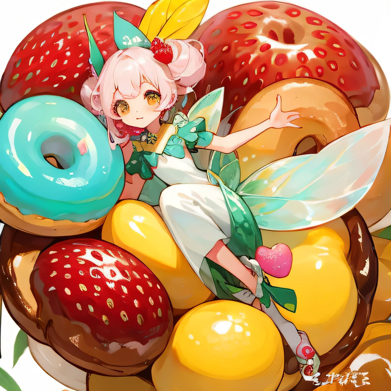 highest quality、detailed background、Multiple little fairies、fruit and food costumes: fruit and candy costume、Gives a colorful and cute impression。for example、Strawberries or bananas、We also have costumes such as donuts.。