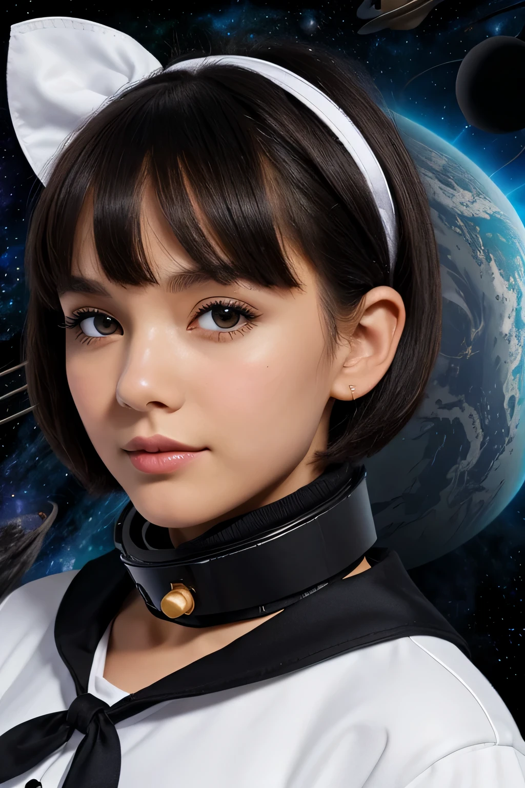 ski style, 1 girl, alone, black hair, black eye, looking at the viewer, mole, bangs, short hair, bow, sailor collar, simple background, white sailor collar, mole under mouth, hair bow, pink bow, closed mouth, shirt, white shirt, bob cut, gray background, portrait, detached wings, compensate, Upper body, (((Outer space background)))