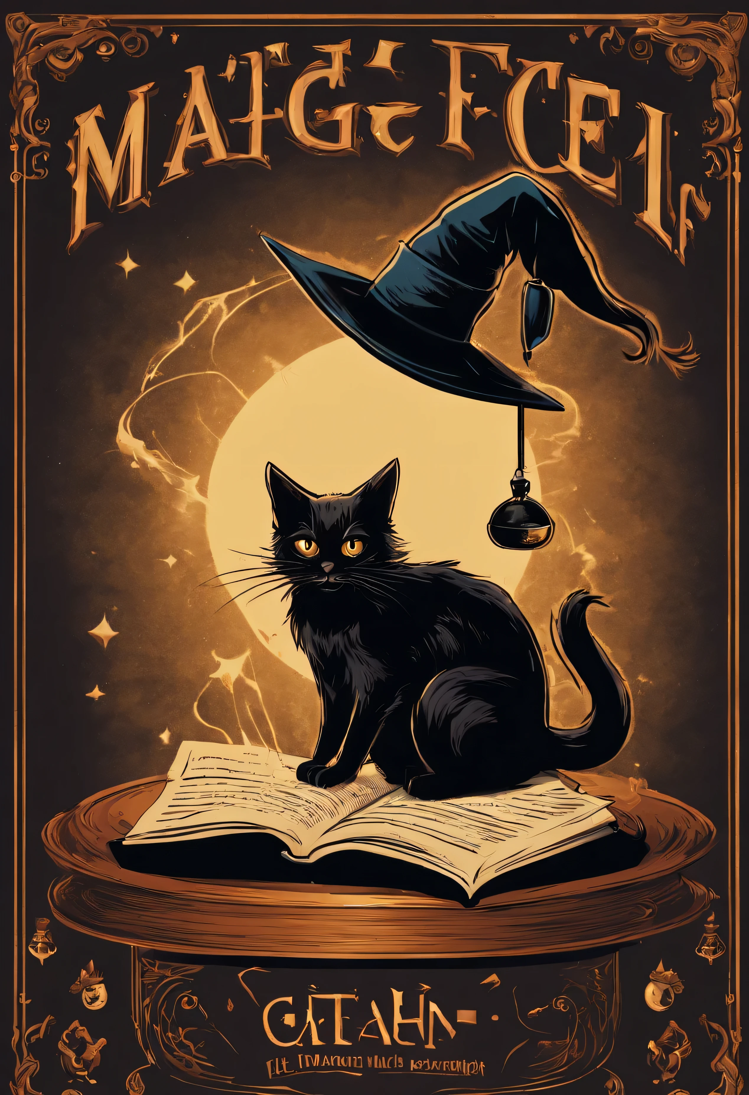 Magic themed poster，Vintage magic book on it、Black cat wearing halloween witch hat、Pharmaceutical crucible lid, Illustration type，Request to highlight the magic theme，Generate dark scenes around magic，Generated based on the content provided above