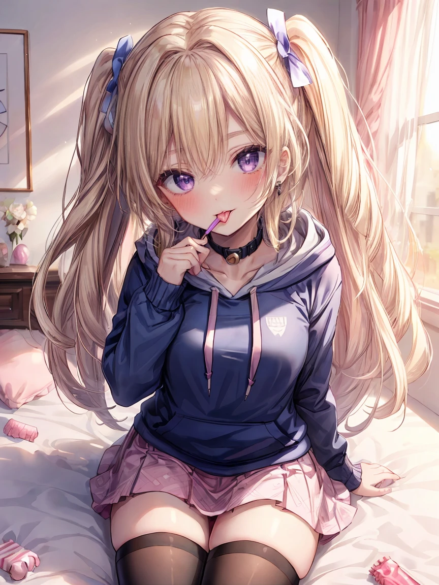 ((8K masterpiece,highest quality)), ultra high resolution, hyper detail, (1 girl), (14 years old),beautiful face, beautiful and delicate eyes,((purple eyes)),Big eyes,shining eyes of light,Thin and long eyelashes,detailed light,((blonde)),((long hair)),((straight hair)),big breasts,thin waist,slender body,blush,(grinning smile),troubled eyebrows,(sexy look),((pink hoodie)),((White ruffled skirt)),black and white patterned knee high socks,bed,cute,((Pink Room)),gamingroom,cute,Princess,(((lick the candy in your hand))),provocation,motion blur,Depth of written boundary,spectacular panoramic view,angle from above