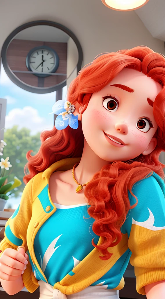 woman, young, white, big lips, small mouth, red hair, round face, big curly hair, small chin, small neck, small eyes
