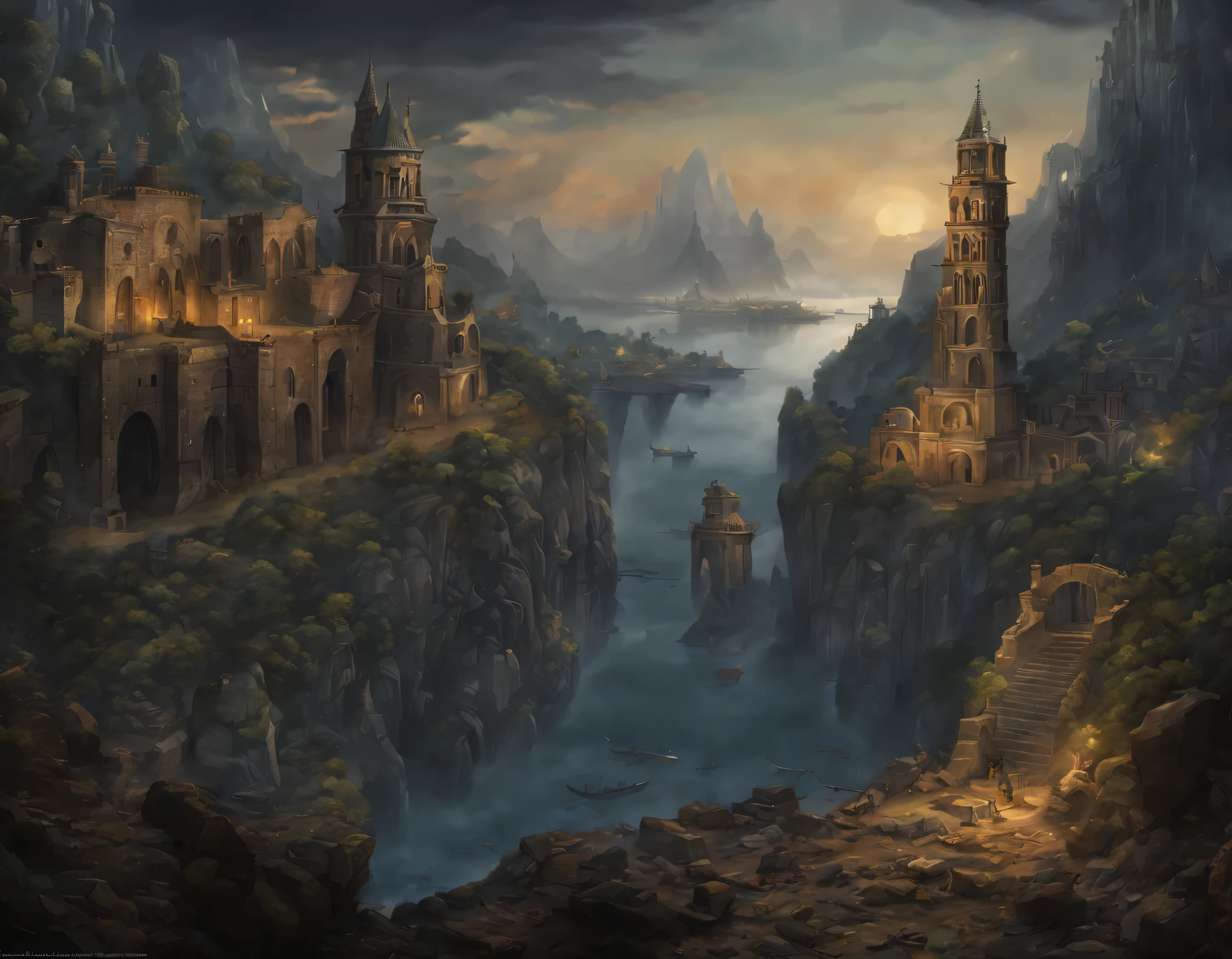 best image quality,background,masterpiece,ancient city,unrest,dark ,fantasy,cliff、lake、Remains、middle ages
