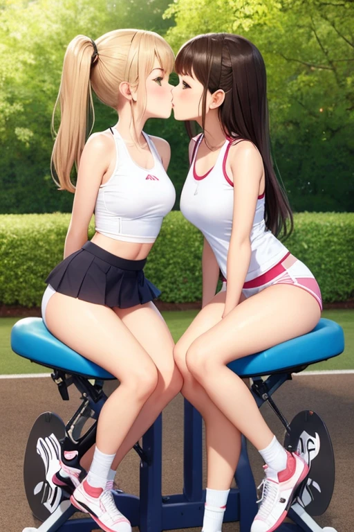 Two girls kiss while riding gym cycles, dolphin shorts,
