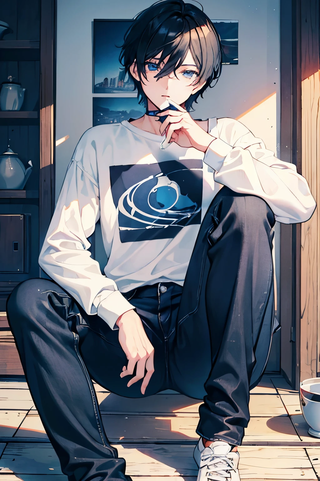 male black hair blue eyes short hair cool jeans trainer long sleeve one person sit and drink tea ancient folk house masterpiece Highest image quality noise removal clear parts cinematic shadow Increased attractiveness of the eyes clear parts the shine of the eyes Draw eyelashes neatly perfect eyes detailed eyes Sharpen image quality Sharpen eye writing clear parts eye shape