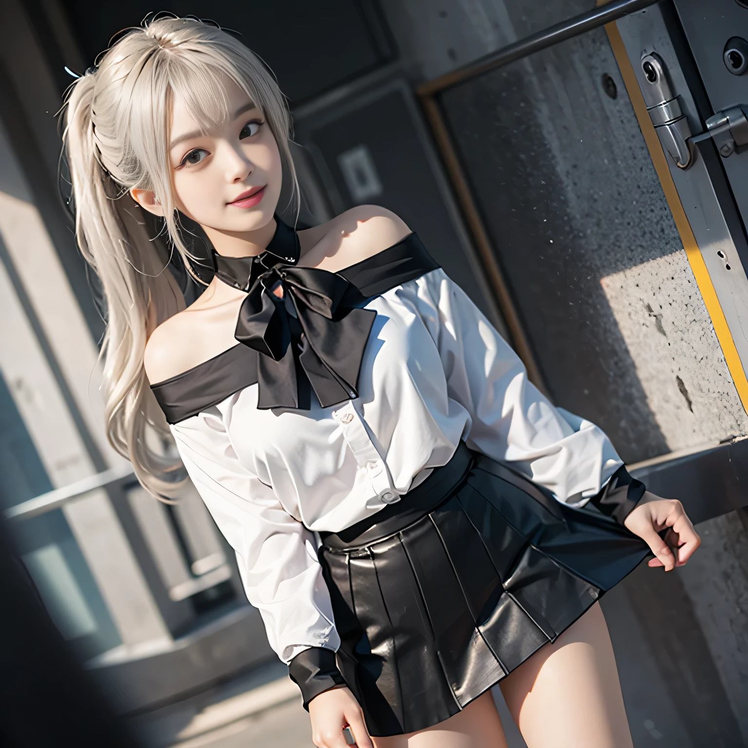 (girl standing in office room), silver hair, bangs, 鈍いbangs, long straight hair, (side ponytail)aqua eye, long eyelashes, three-dimensional round eyes, compensate, open your mouth, blush, parted lips, bright pupils, smiley, enchanting smile, shine, surrealism, modern,career woman、)lou(white shirt、off shoulder tight skirt、black pantyhose、high heels、(ホワイトlouスクロップトップ, black tight skirt: 1.6)、(wearing glasses)、