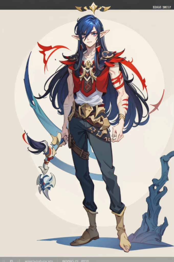 1boy, European and American cartoon design, flatee, shadee, dnd character, half-elf, dark haie, male, scars on face, red vest, sharp features, straight hair, white shirt