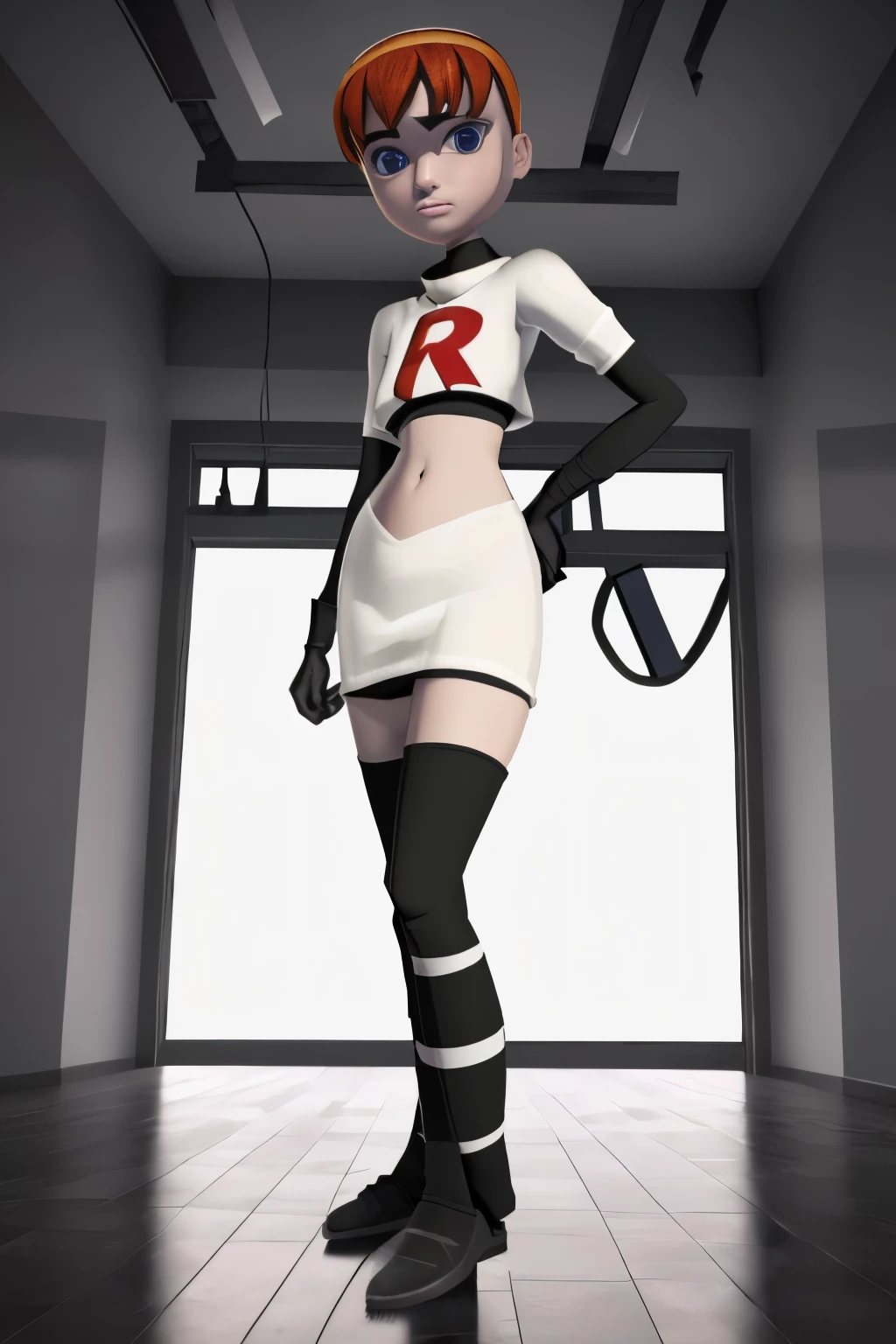 ((masterpiece)), extremely detailed, cinematic lighting,smooth shadows, flat lighting, 3d animation, april2012, beautiful light, wide shot, round head, team rocket,team rocket uniform,white skirt,red letter R,crop top,black thigh-highs,black elbow gloves,
