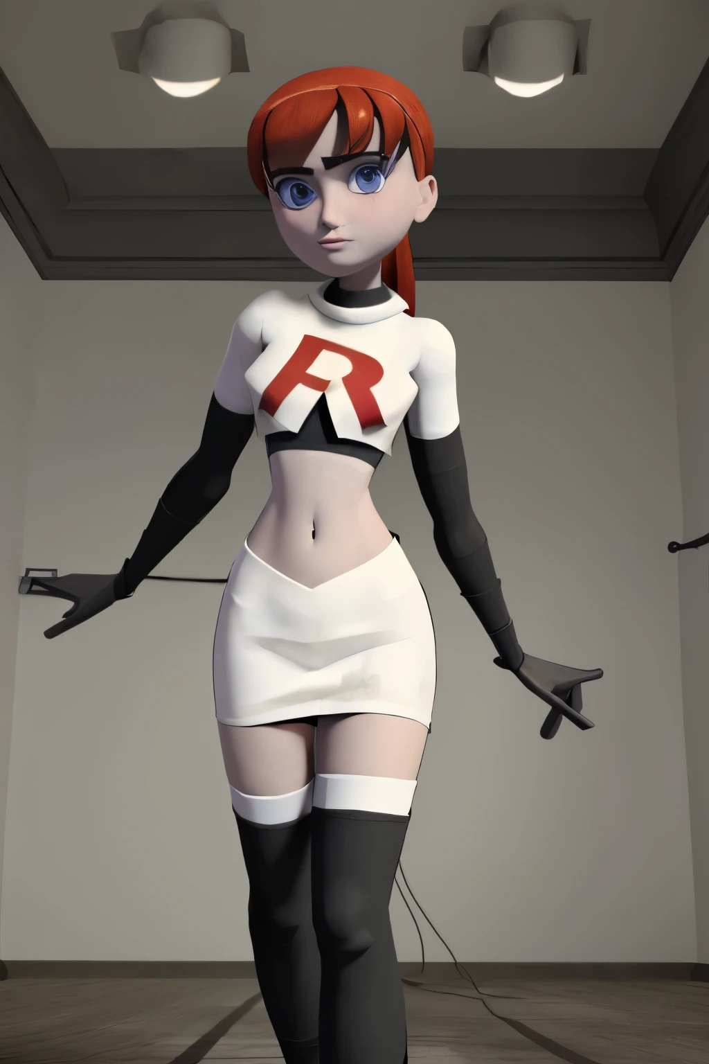((masterpiece)), extremely detailed, cinematic lighting,smooth shadows, flat lighting, 3d animation, april2012, beautiful light, wide shot, round head, team rocket,team rocket uniform,white skirt,red letter R,crop top,black thigh-highs,black elbow gloves,